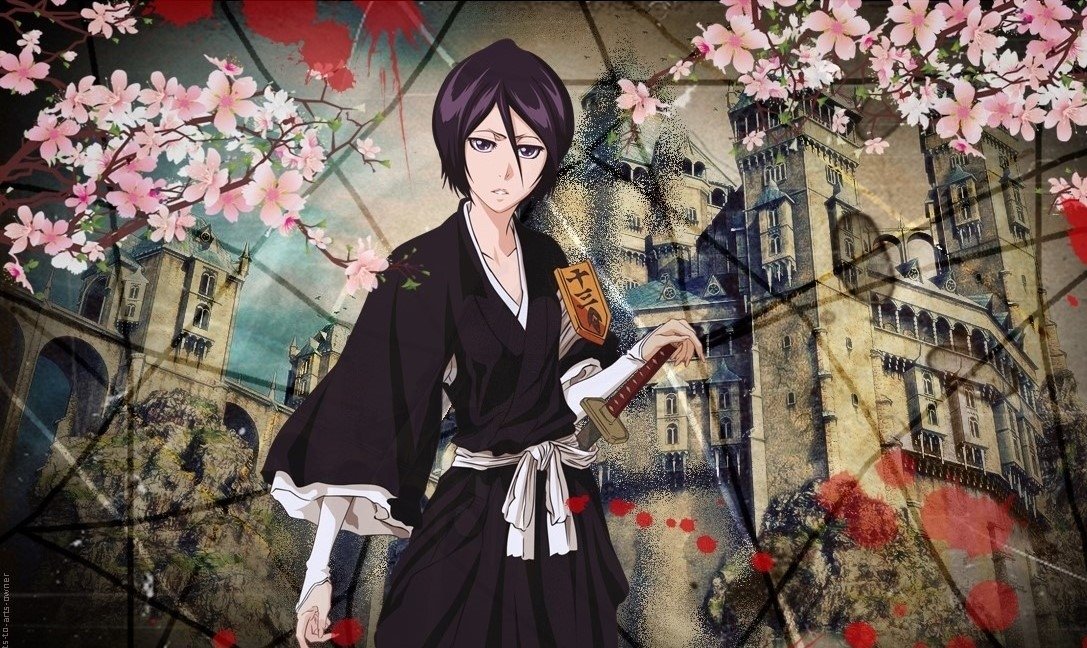 Rukia Kuchiki from the anime Bleach stands poised with a sword, framed by cherry blossoms against a backdrop of intricate architecture and mysterious shadows.