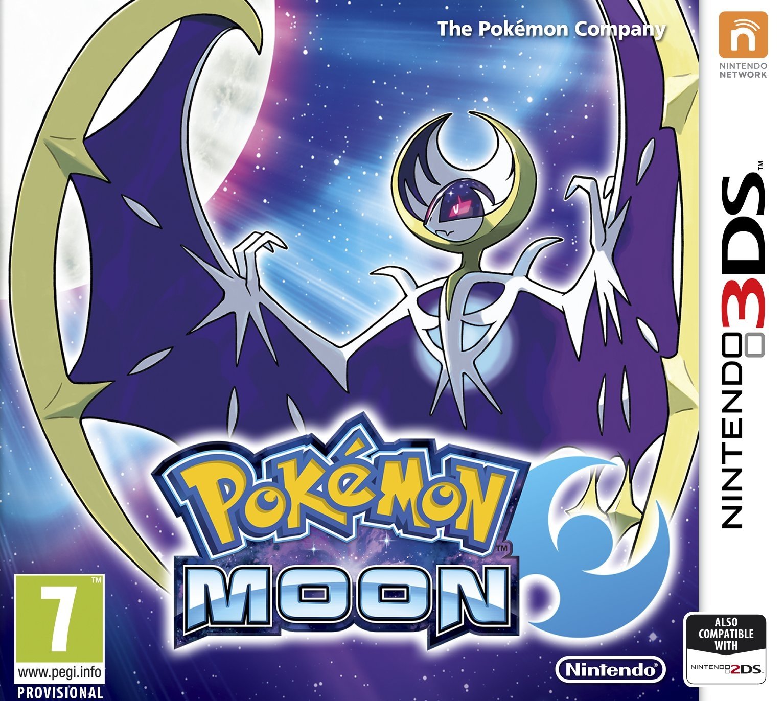 Box art for the video game Pokémon: Sun and Moon — Pokémon Moon cover showing the Legendary Pokémon Lunala against a starry moonlit sky with the game logo and Nintendo 3DS branding.