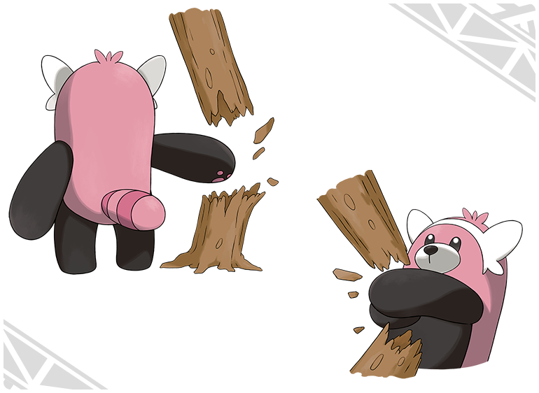 Bewear (Pokémon) from Pokémon: Sun and Moon — a pink, bearlike animal character tearing a wooden plank in two, shown in video game–style art.