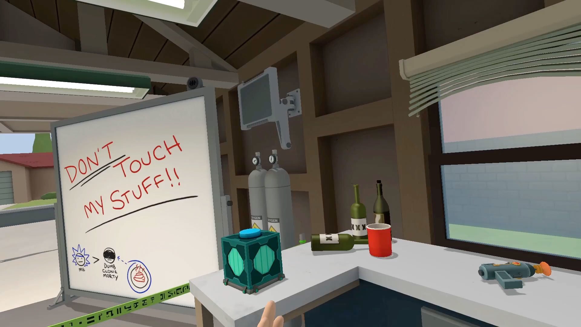 video game Rick and Morty: Virtual Rick-ality virtual reality message board cluttered workspace Image