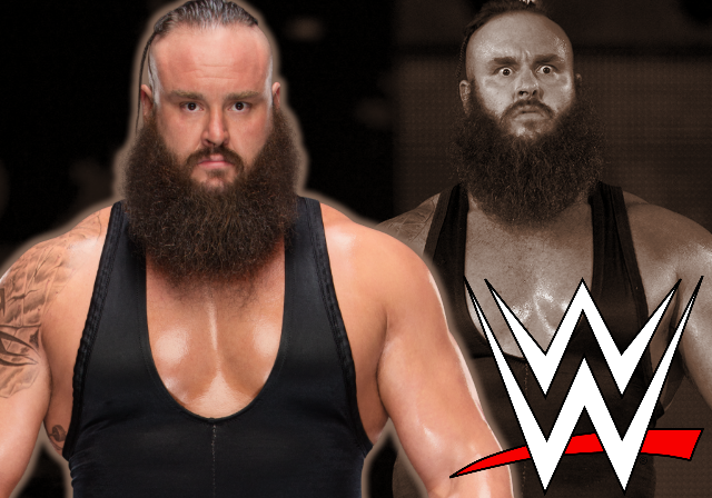 WWE wrestler Braun Strowman with a serious expression, wearing a black singlet, against a dark background featuring another image of him and the WWE logo.