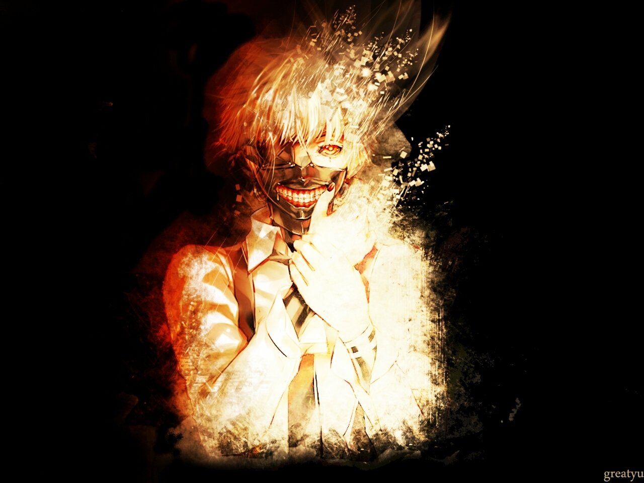 Ken Kaneki from Tokyo Ghoul — anime portrait with white hair, mask, flaming ink-splatter effects and a menacing grin.