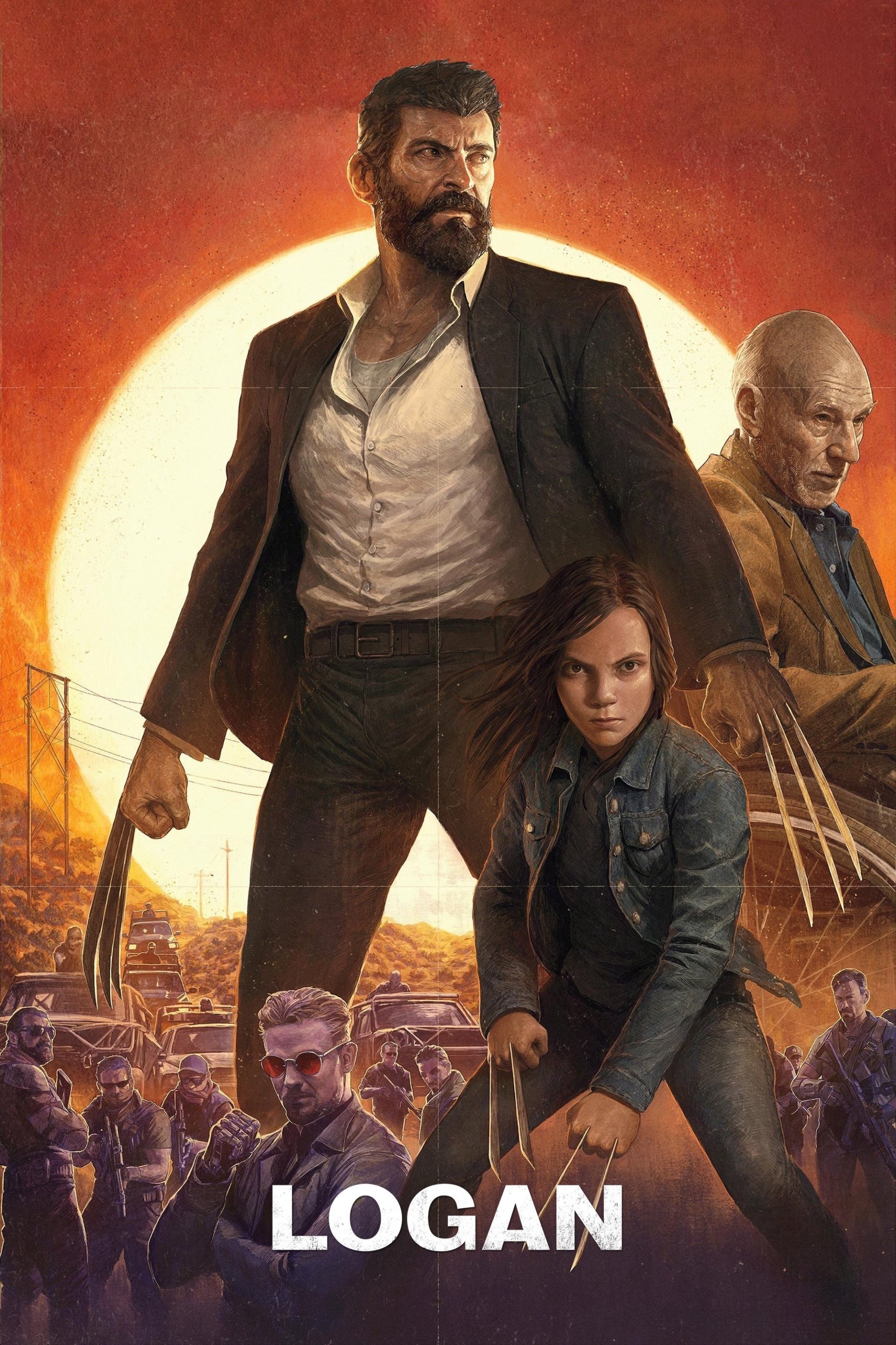 Poster for Logan: grizzled Logan (Wolverine/Logan James Howlett) with claws, young X-23 at his side and Charles Xavier seated behind against a glowing orange sun