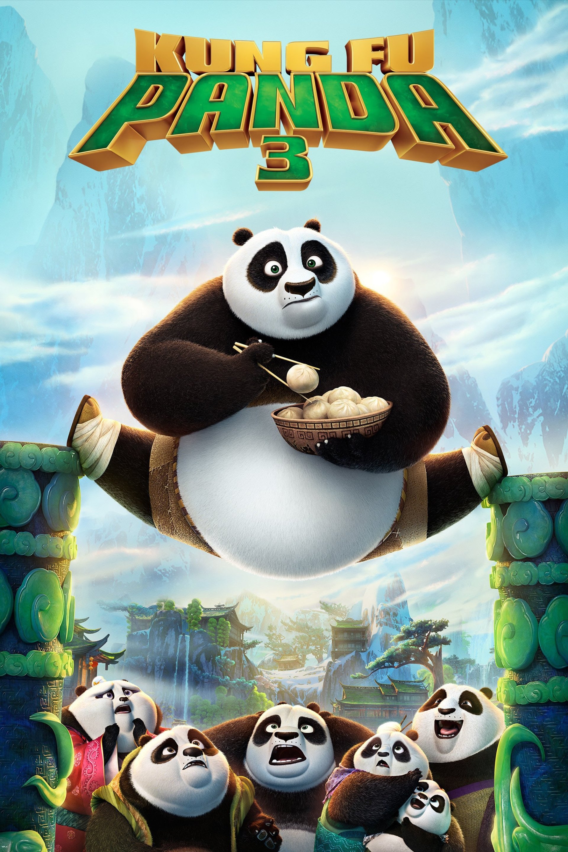 Poster for the movie Kung Fu Panda 3: Po hovers midair with a bowl of dumplings, grinning above a group of joyful pandas and a misty mountain temple backdrop.