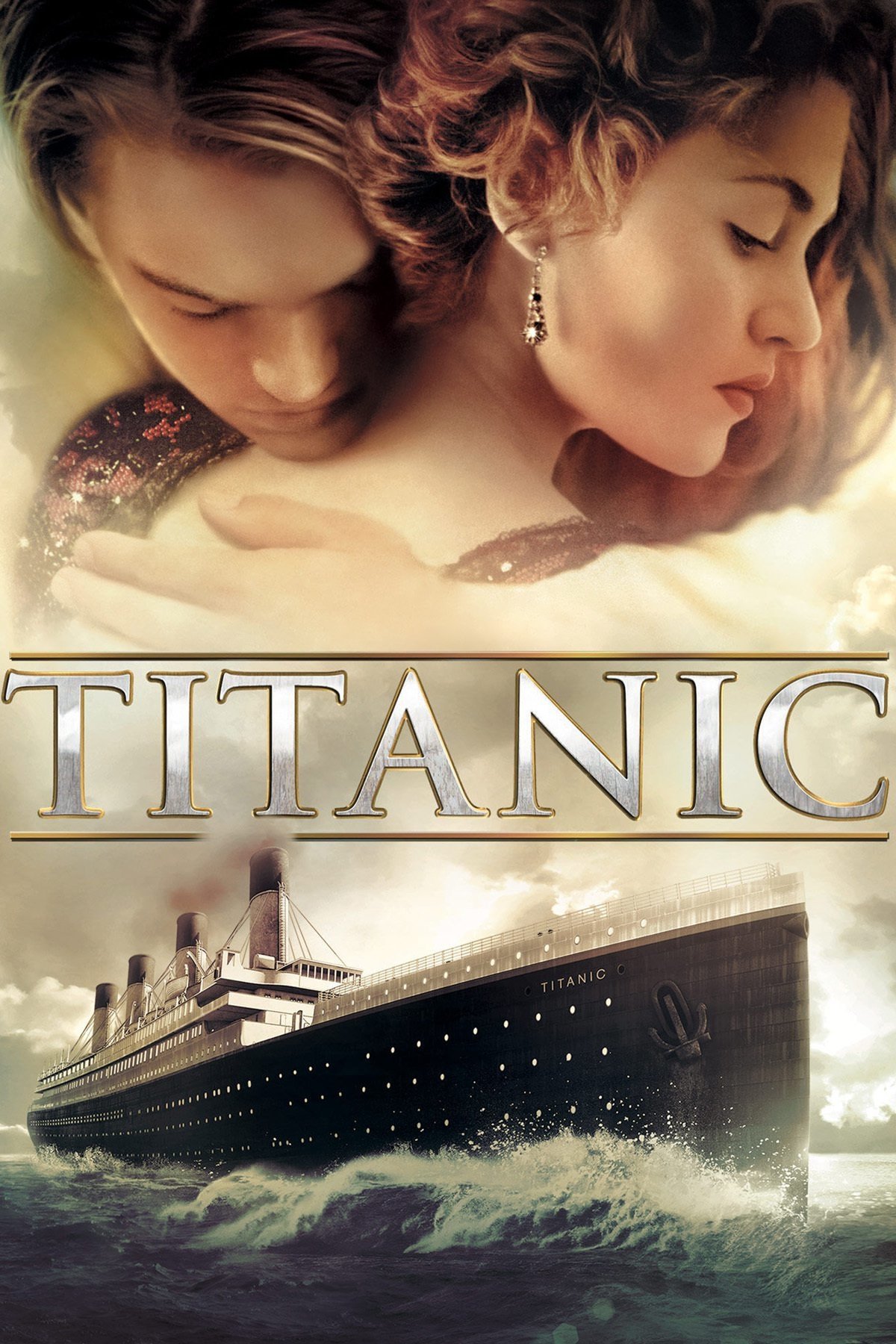 Movie poster for Titanic showing a close embrace between the lead characters above the iconic image of the Titanic ship sailing on the ocean.