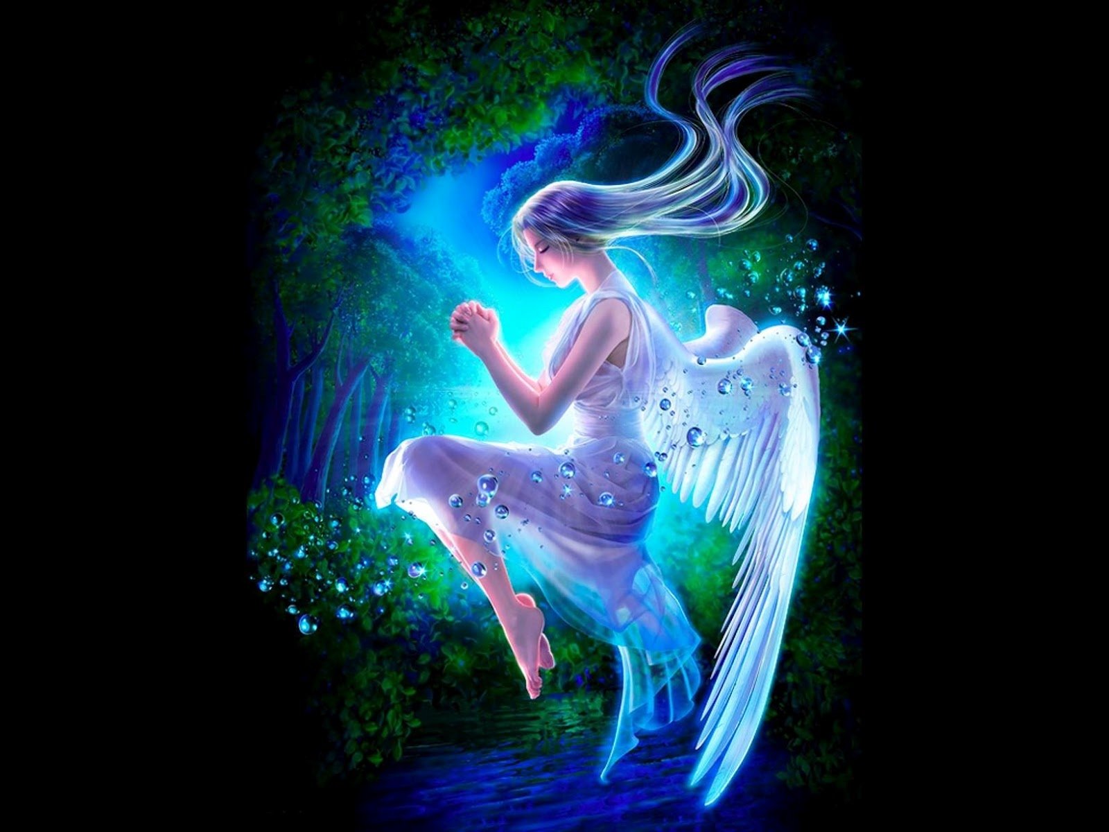 A barefoot angel with glowing wings floats underwater, surrounded by bubbles and light, in a serene, prayerful pose within a fantasy setting.