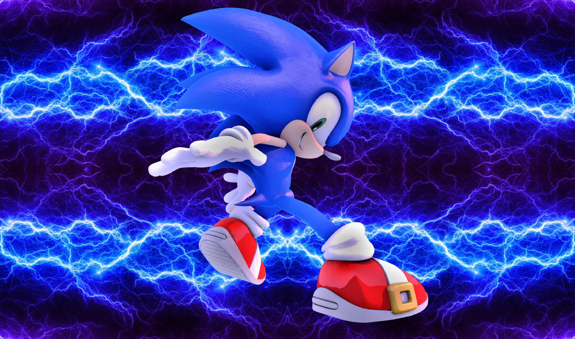 Sonic the Hedgehog from a video game dashes forward against a backdrop of blue electric lightning, mid-jump with red shoes and a determined expression.
