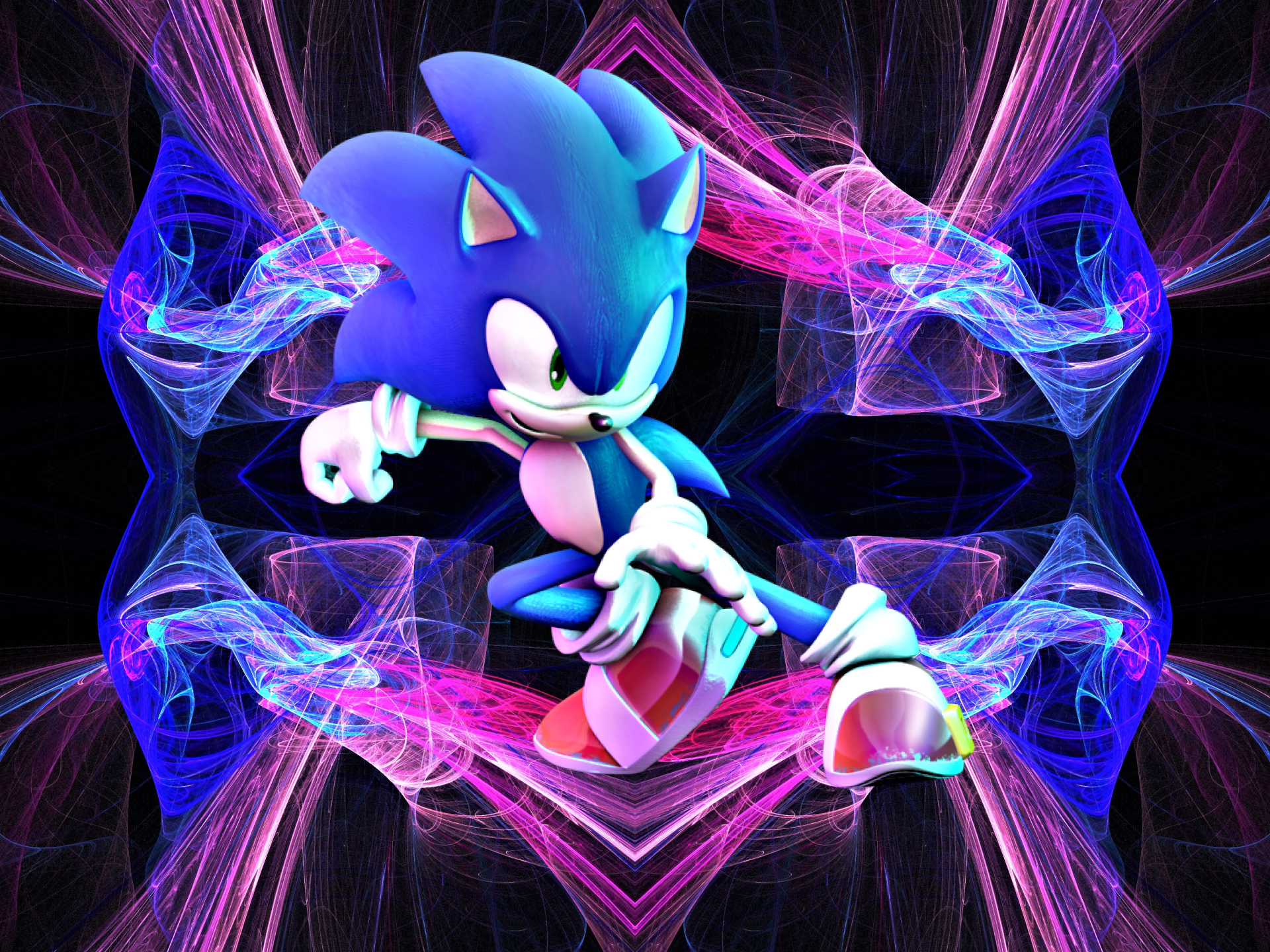 Sonic the Hedgehog, the iconic video game character, is depicted in a dynamic pose against a vibrant, abstract background of swirling pink and blue lights.