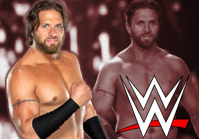 WWE wrestler posing confidently with the WWE logo prominently displayed, set against a dramatic sports-themed background.