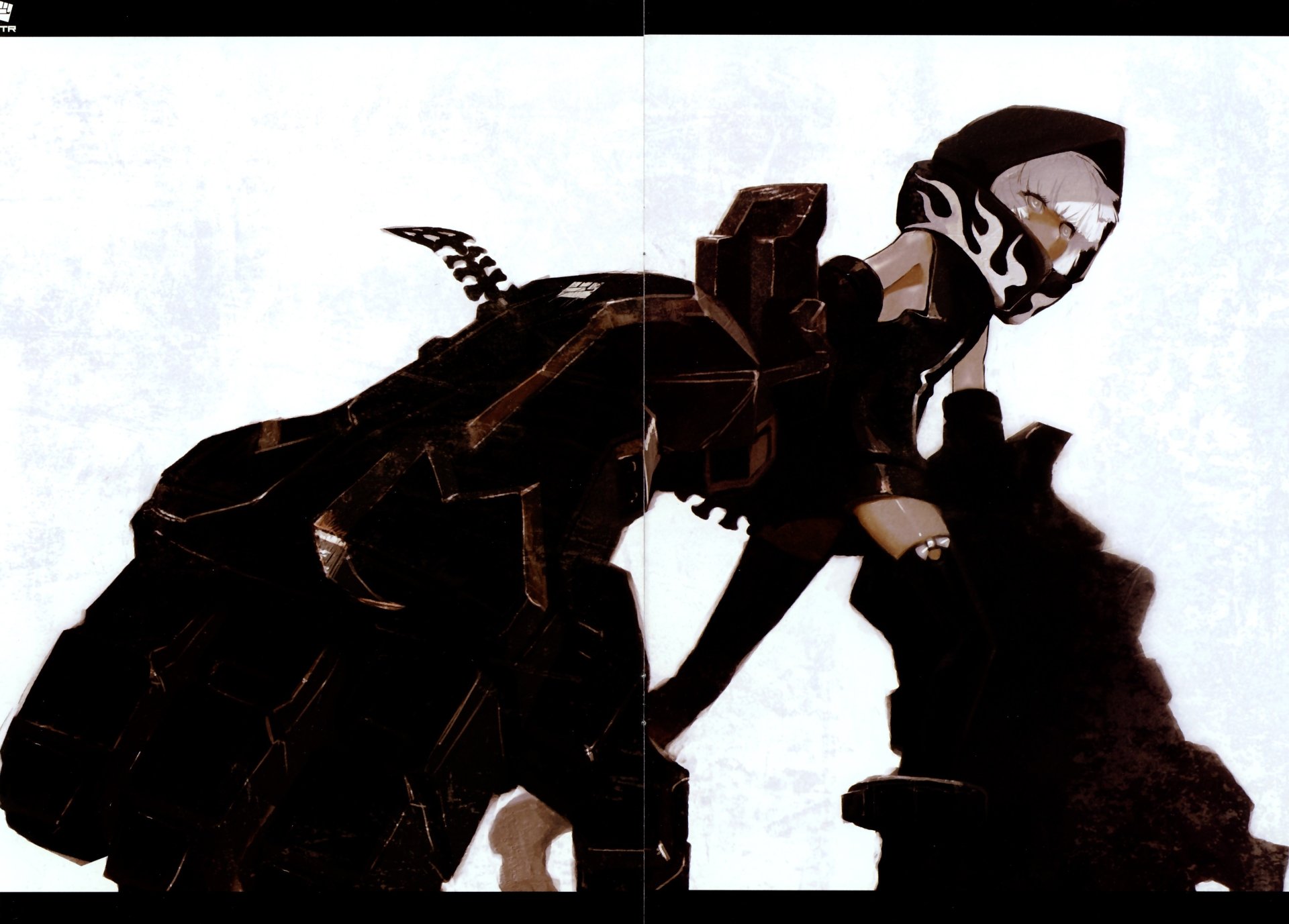 Strength (Black Rock Shooter) — anime image of Black Rock Shooter in heavy black armor, hulking mechanical arm/cannon and an imposing, battle-ready stance.