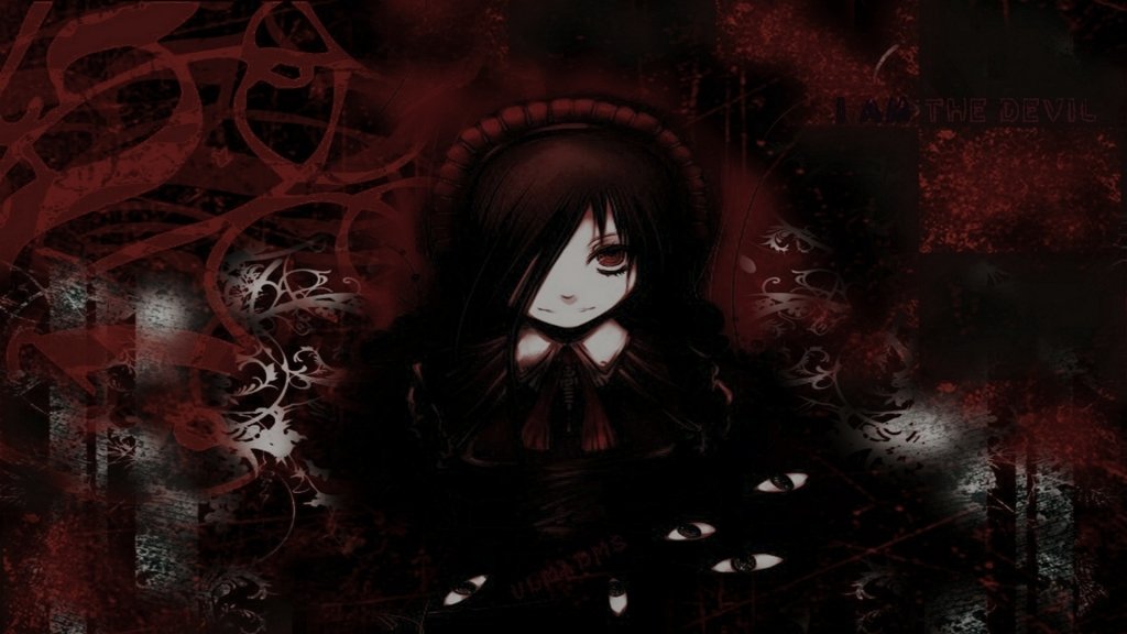 Dark-themed anime illustration from Nijiura Maids featuring a mysterious girl with red eyes and a gothic outfit surrounded by abstract, eerie patterns and shadowy eyes.