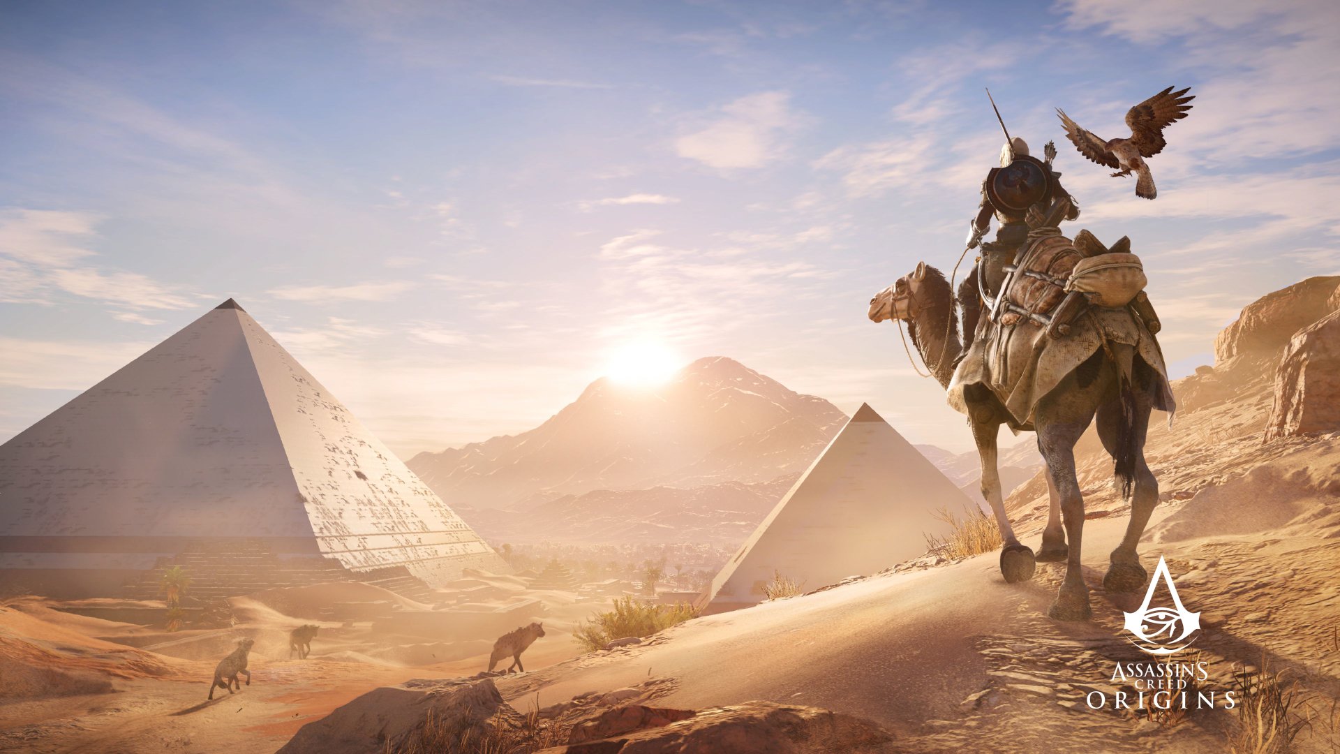 A scene from the video game Assassin's Creed Origins featuring a character riding a camel near Egyptian pyramids at sunset with birds flying overhead.