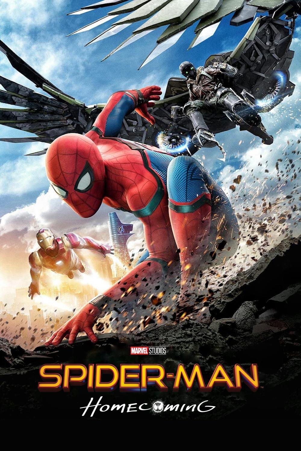 Spider-Man battles Vulture in the sky while Iron Man watches in the action-packed Spider-Man: Homecoming movie poster.