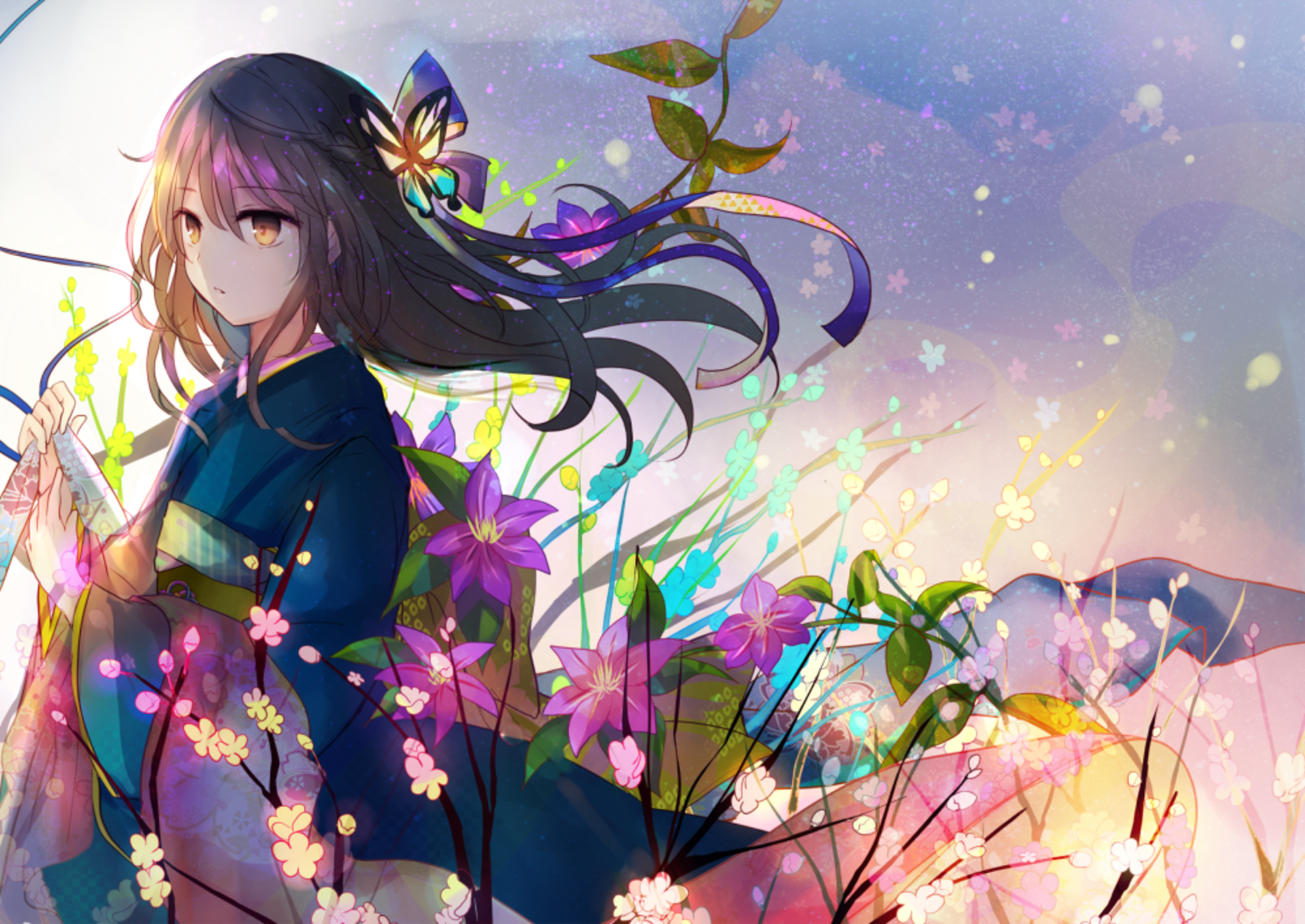 Anime girl with long hair wearing a dark yukata, surrounded by blooming flowers and soft, glowing light in a serene, colorful outdoor setting.
