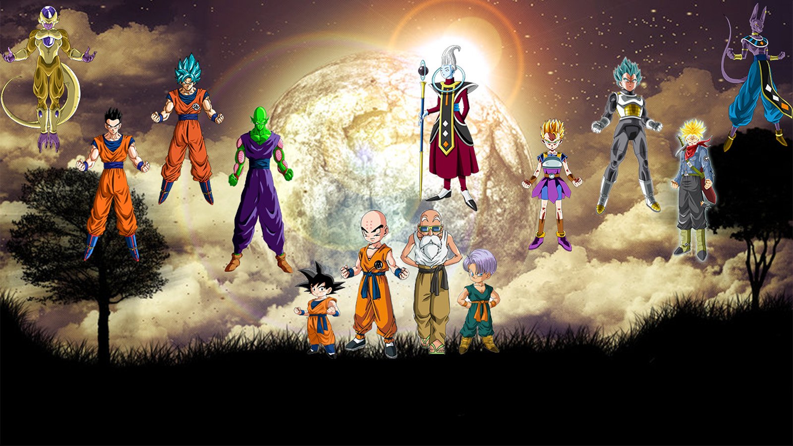A vibrant scene featuring iconic characters from Dragon Ball Super, including Master Roshi, Goku, Goten, Beerus, Gohan, Piccolo, Krillin, Kyabe, Trunks, Vegeta, Whis, and Frieza against a celestial background.