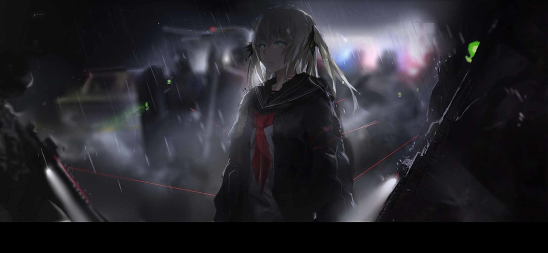 Anime schoolgirl with long blonde hair standing in the rain; a moody Rain Anime scene with neon-lit city blurred behind her soaked uniform and red tie.