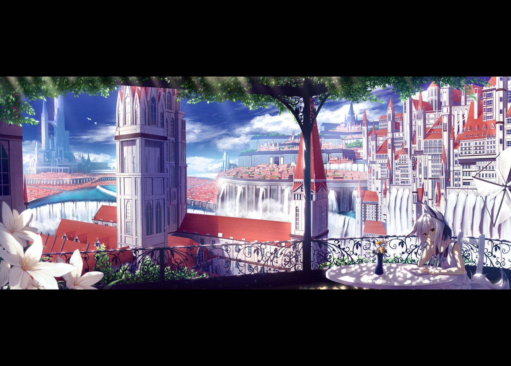 flower cloud city white hair Anime Original anime city Image