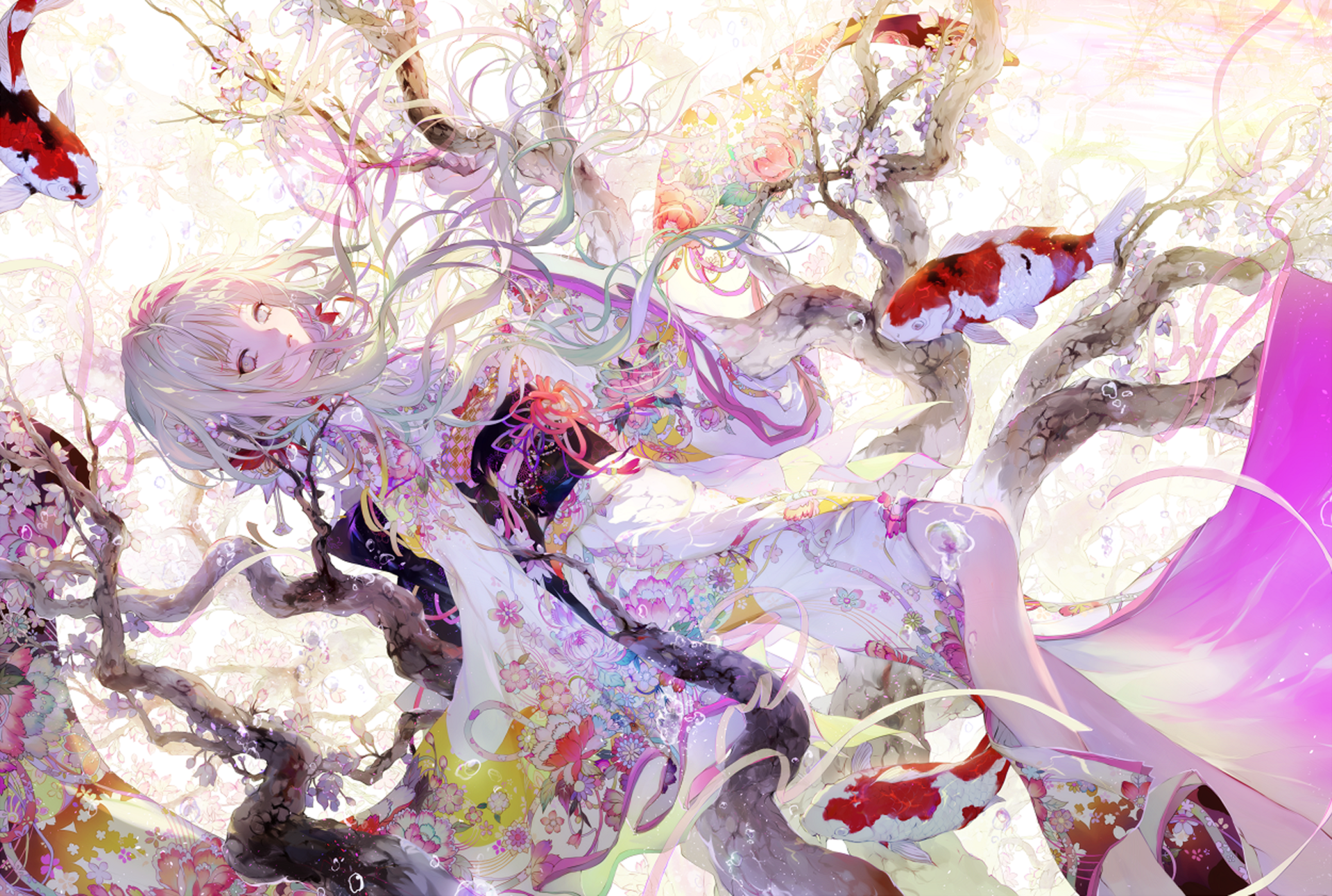water fish kimono long hair white hair Anime girl anime girl Image