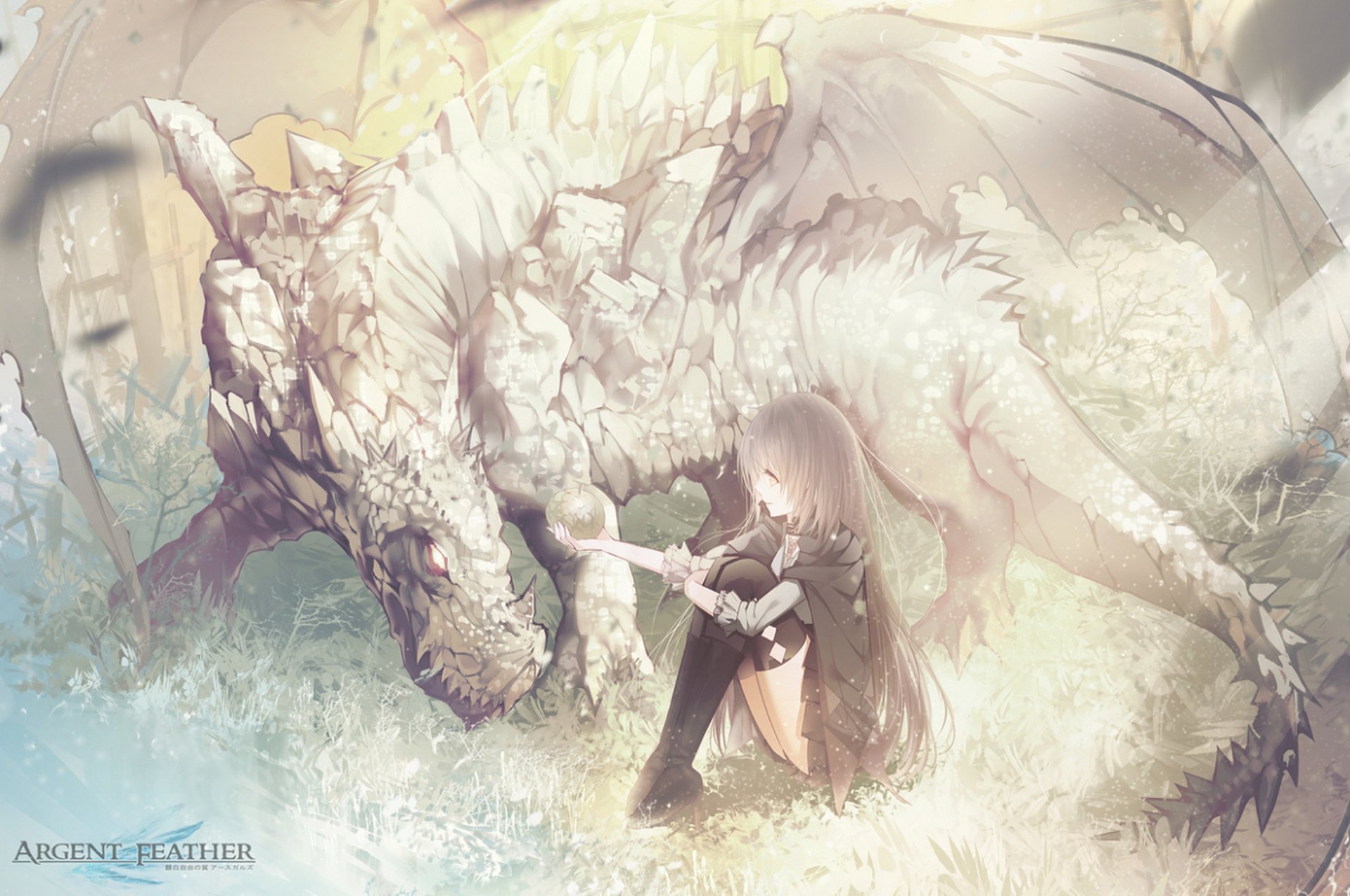 An anime-style scene featuring a long-haired character with white hair sitting peacefully under sunlight beside a large, majestic white dragon.