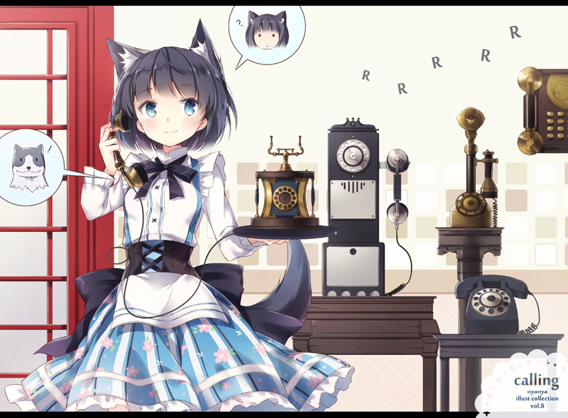 short hair blue eyes phone maid dress Anime Original Image