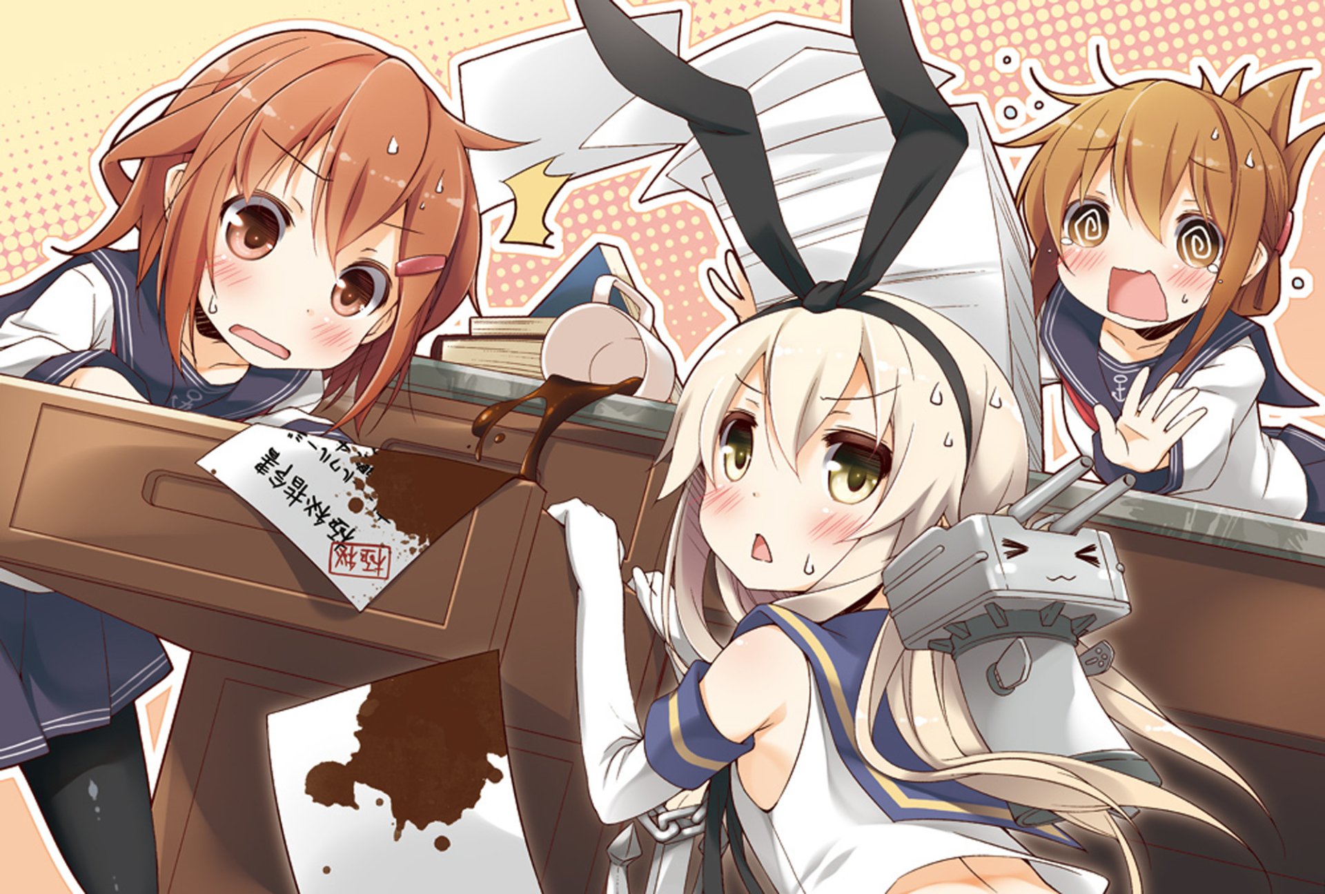 Anime Kantai Collection: Shimakaze, Ikazuchi and Inazuma in school uniforms — Shimakaze's rabbit ears and spilled ink/coffee spark shocked, messy desk reactions.