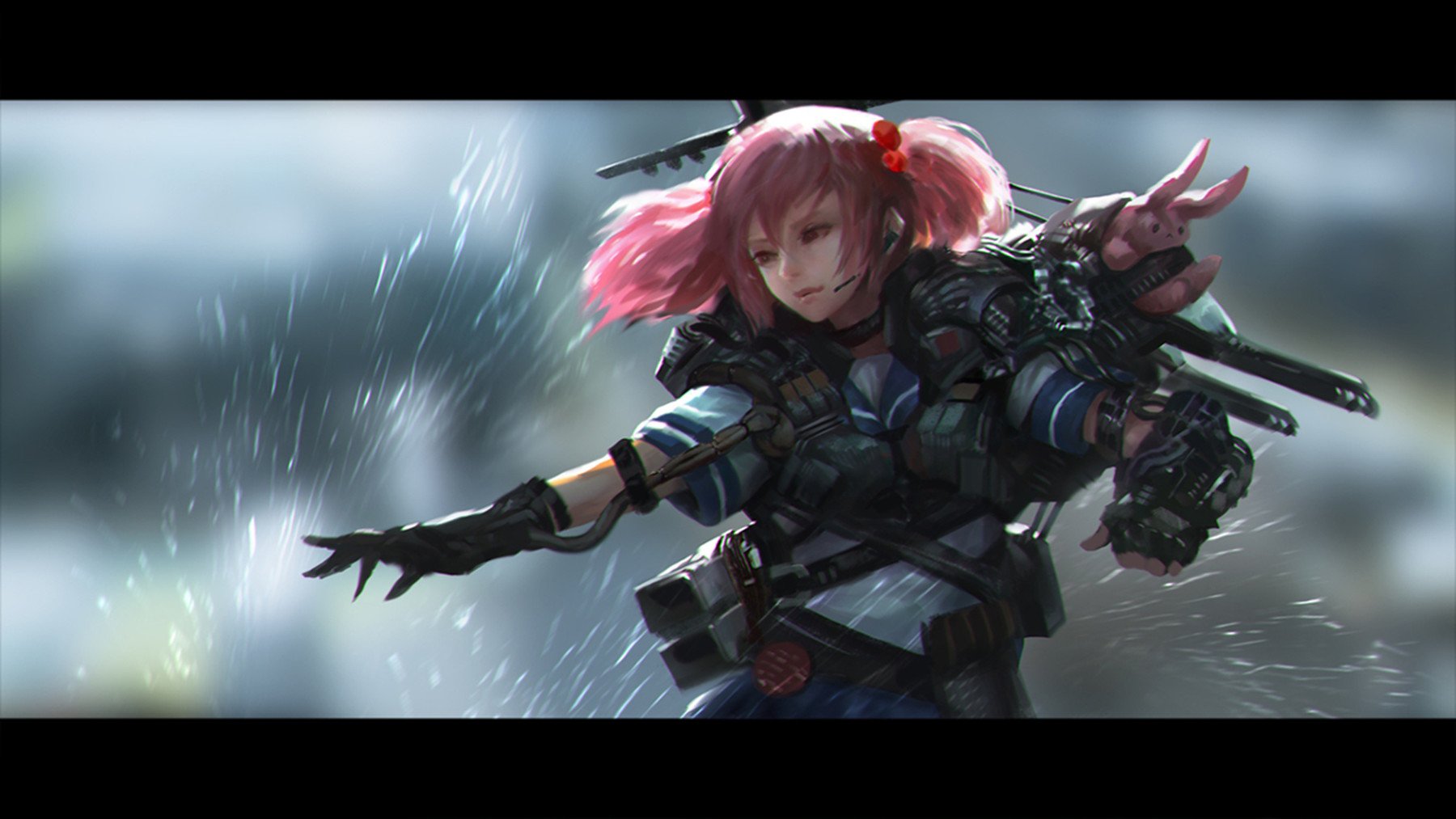 Dynamic anime image of Sazanami (Kantai Collection): pink-haired ship girl in armored naval gear, reaching out through driving rain and splashes.