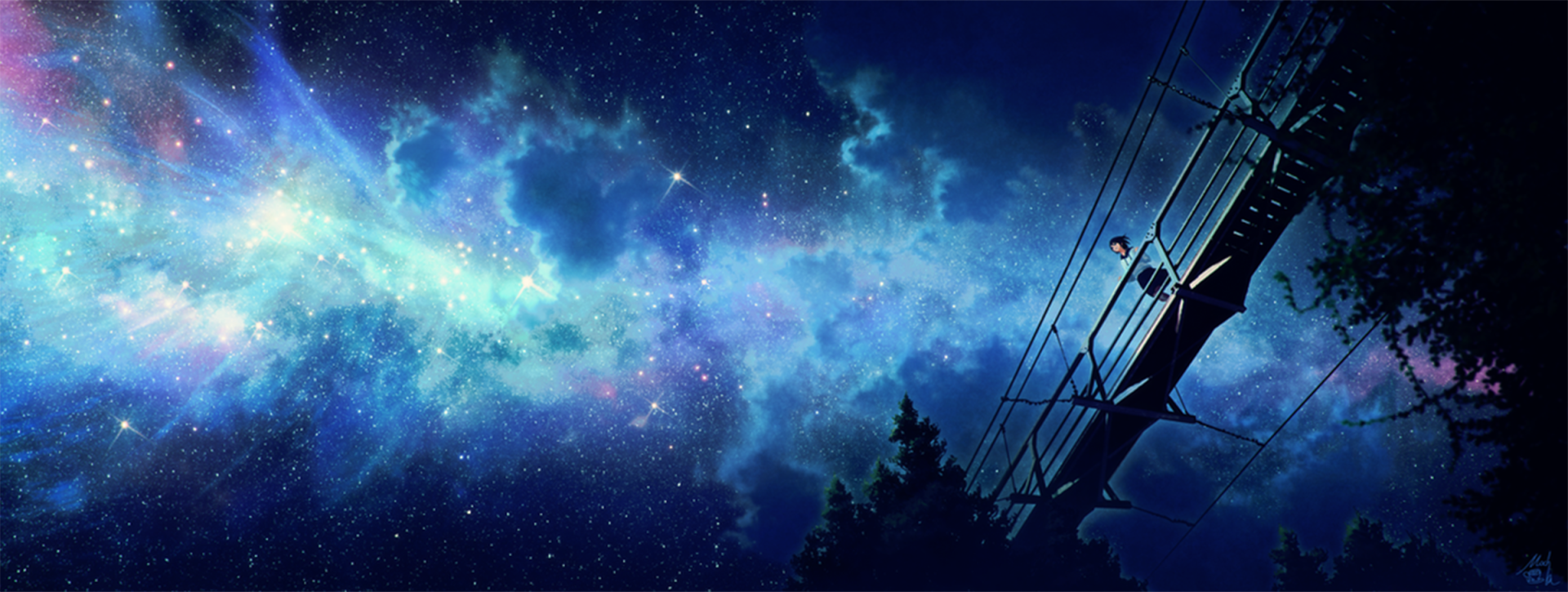 star night tree bridge aurora australis Anime Original anime night Image