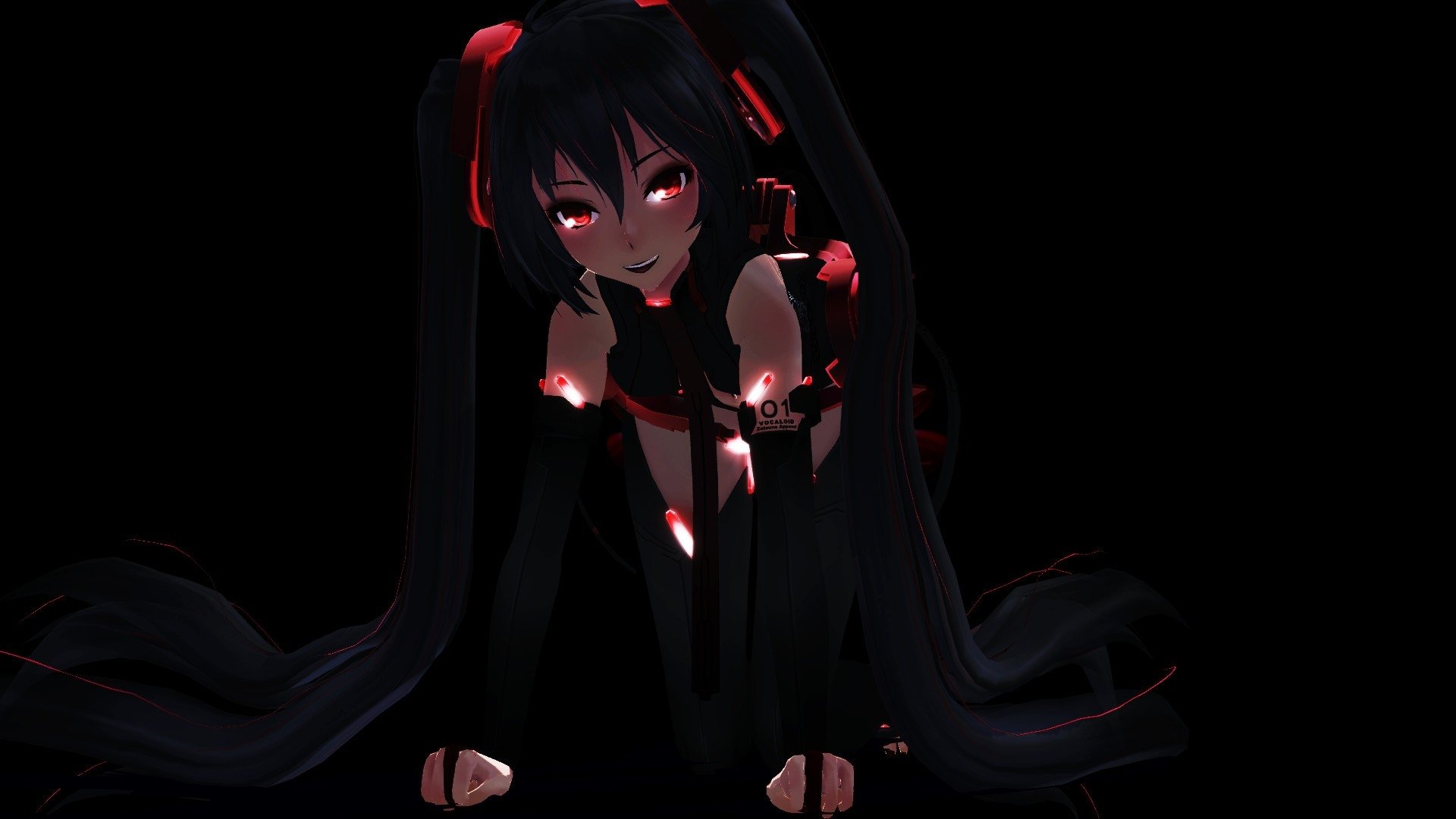 Anime-style Vocaloid character Hatsune Miku with long twin tails and glowing red accents is depicted in a dark, moody setting, blending elements of Zatsune Miku.