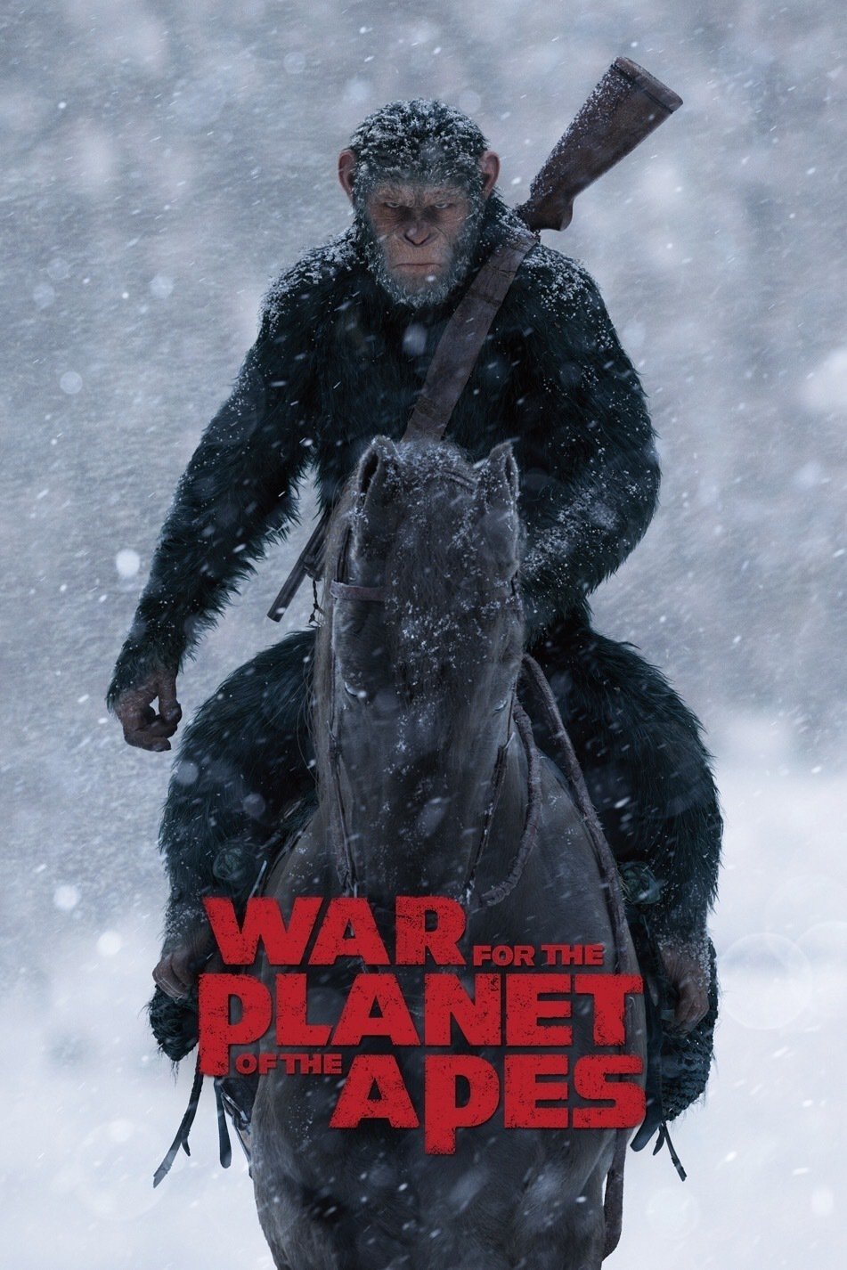 A primate, dressed in dark fur and armed with a rifle, rides a horse through a snowy landscape. The image is from the movie War For The Planet Of The Apes.