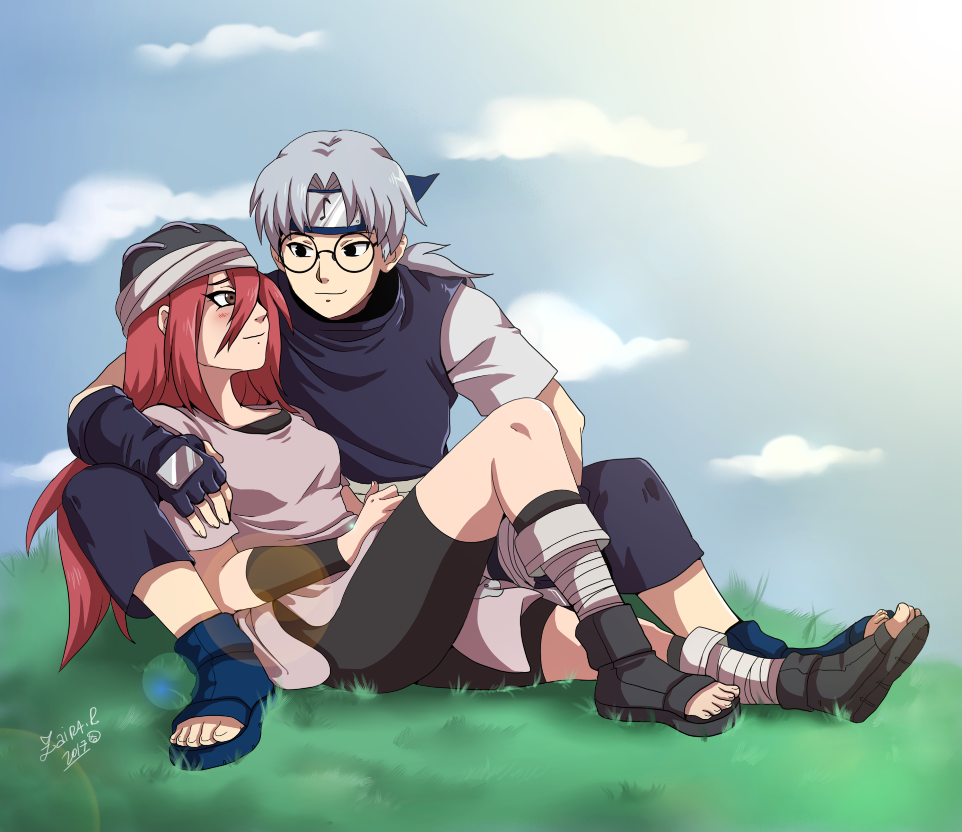 Anime (Naruto) fanart: a silver‑haired, bespectacled shinobi cradles a red‑haired teammate as they relax on a grassy hill beneath a bright sky.