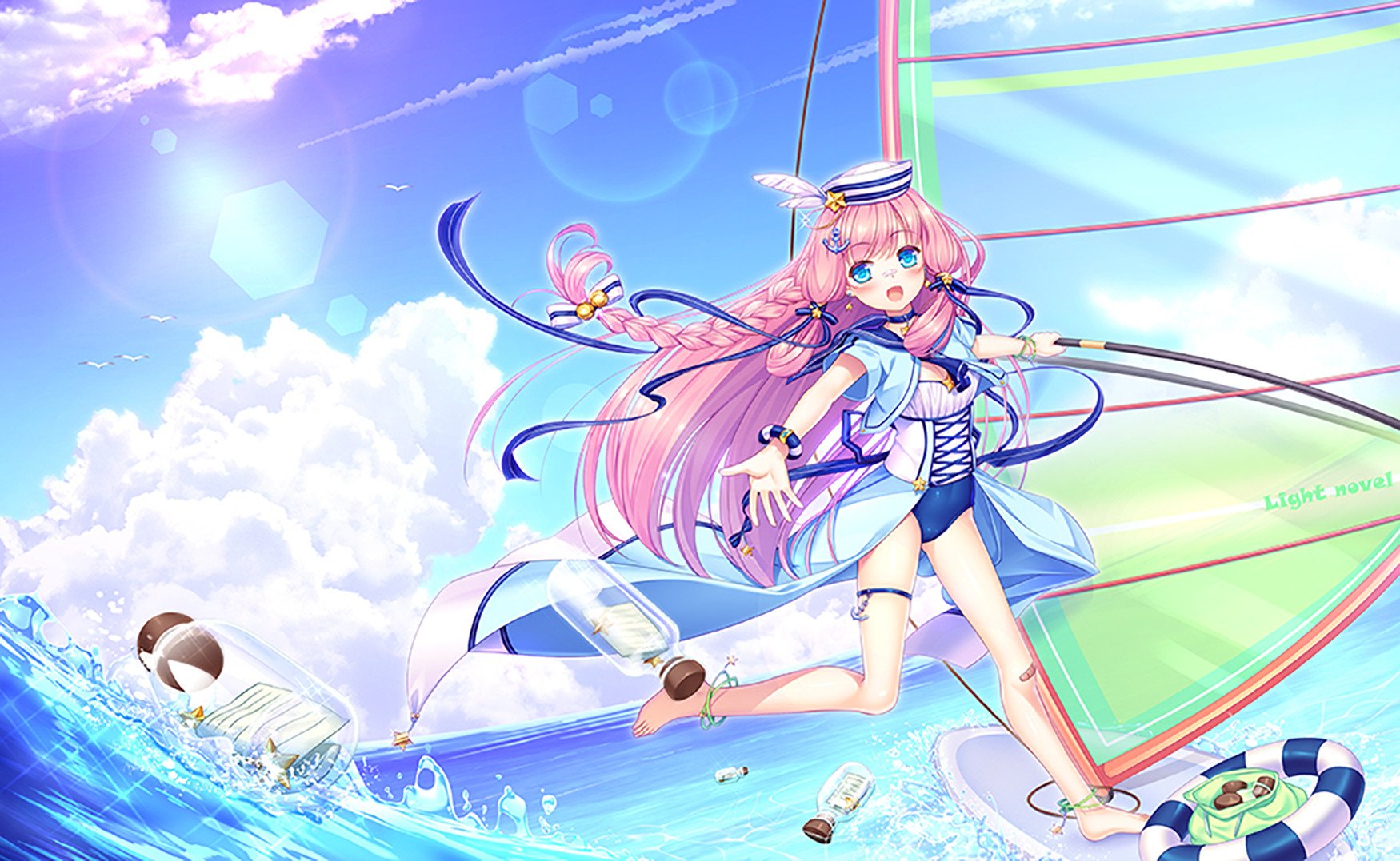 blue eyes water sunlight cloud sky surfboard pink hair swimsuit Anime girl anime girl Sky Anime Image