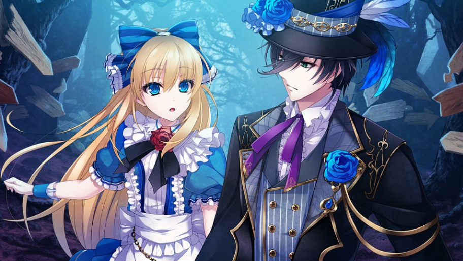 Anime couple: a blonde girl in a blue Victorian-style dress with bows and a dark-haired gentleman in a top hat and rose-accented coat standing together in a moonlit, enchanted forest.