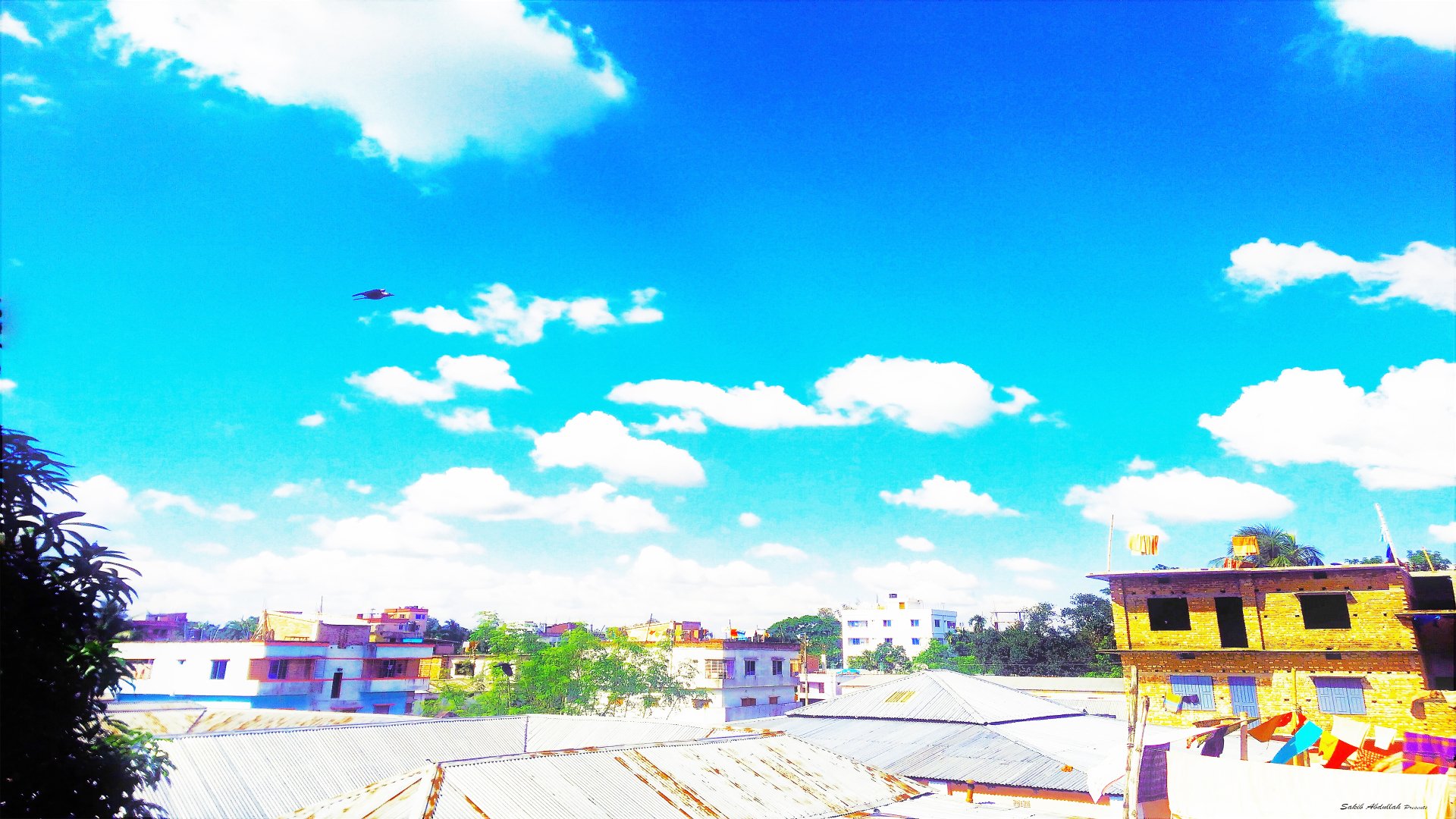 Bright blue sky with scattered clouds over a small town of low-rise man-made buildings and flat rooftops.