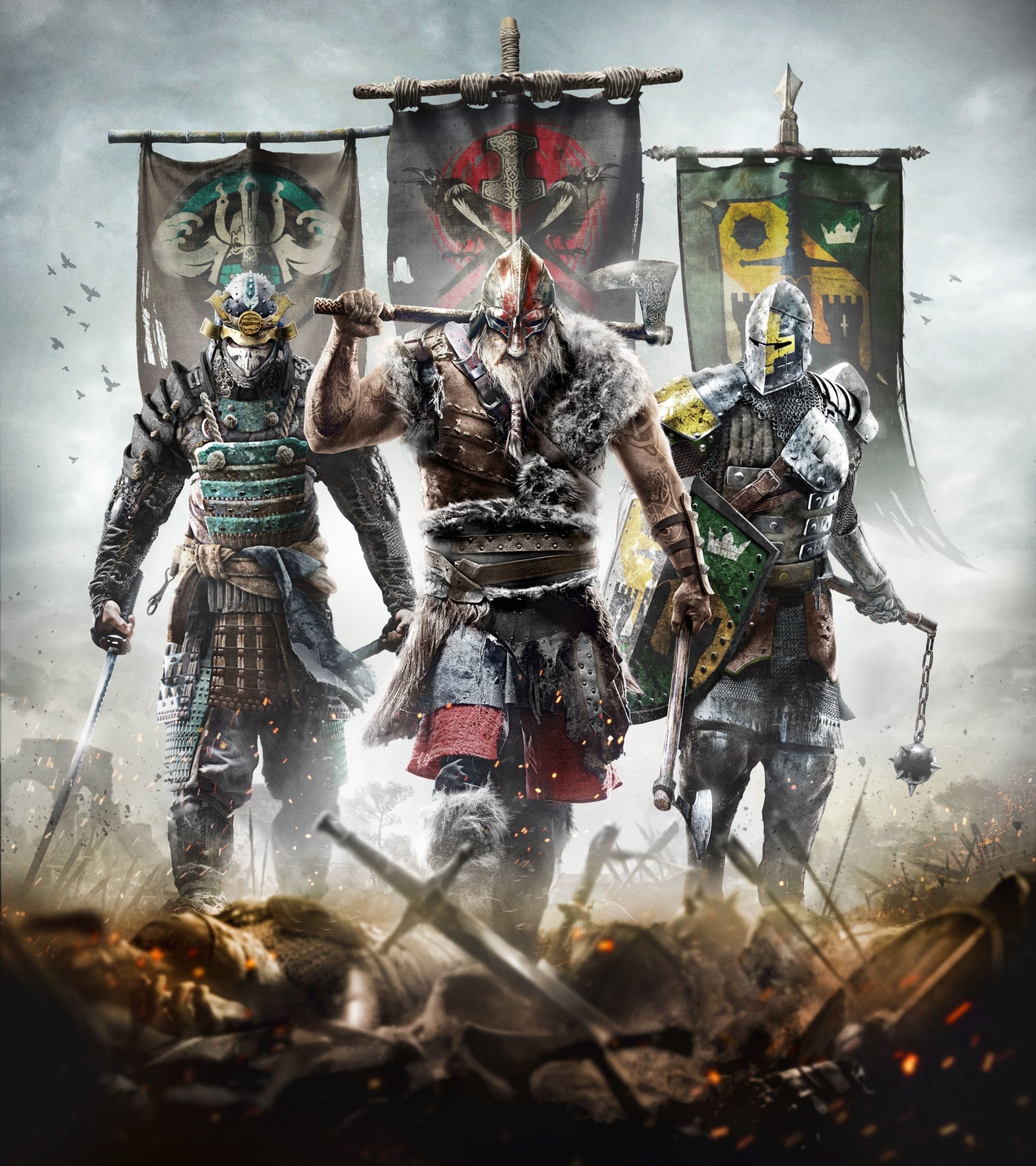 For Honor video game cover: Viking, samurai and knight march forward under faction banners across a war-torn battlefield.