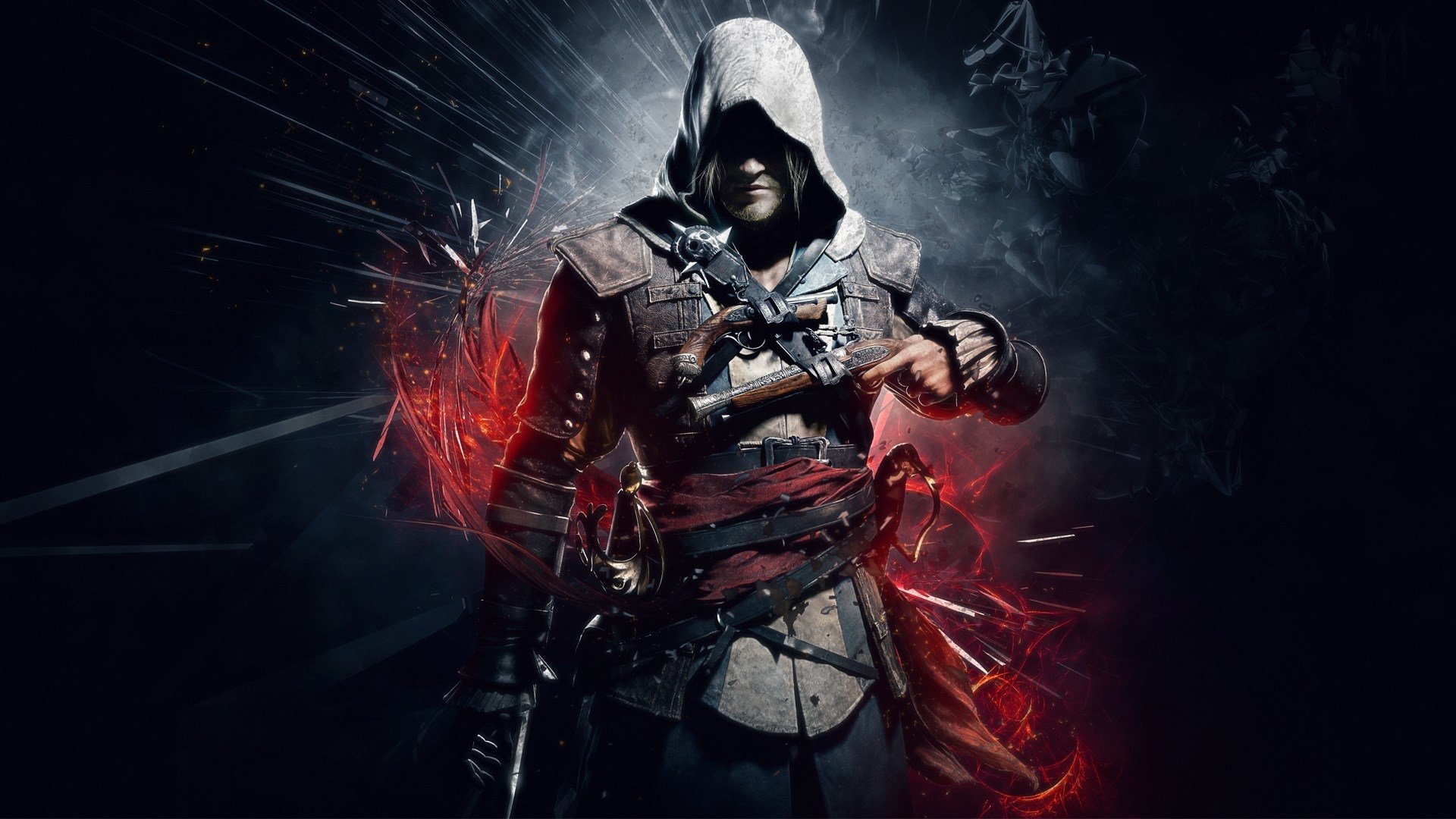 Hooded Assassin's Creed assassin in a worn coat with hidden blade drawn, red shards swirling around him in dark, cinematic video game art.