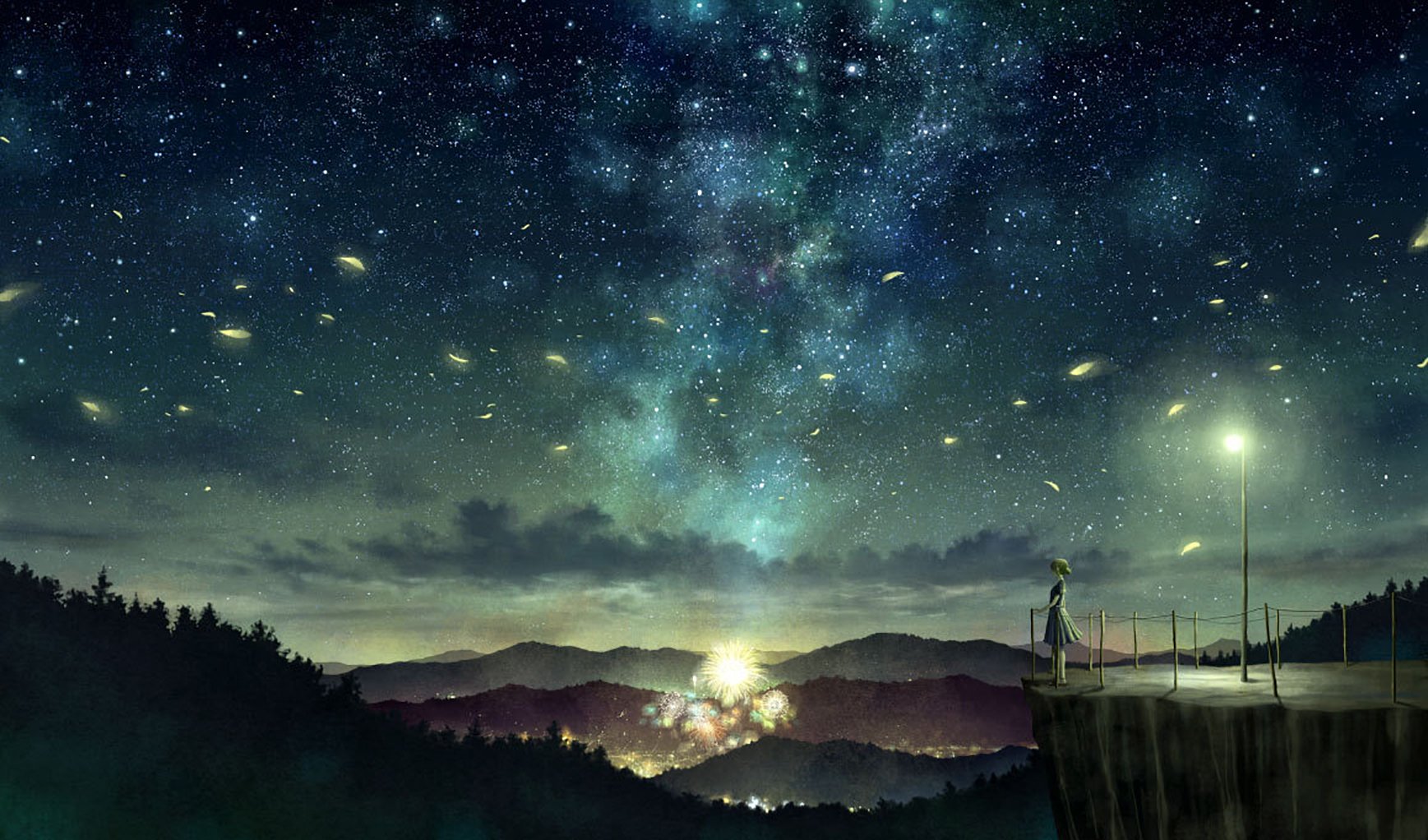 scenery mountain light night cloud sky aurora australis Anime Original anime night Sky Anime Image