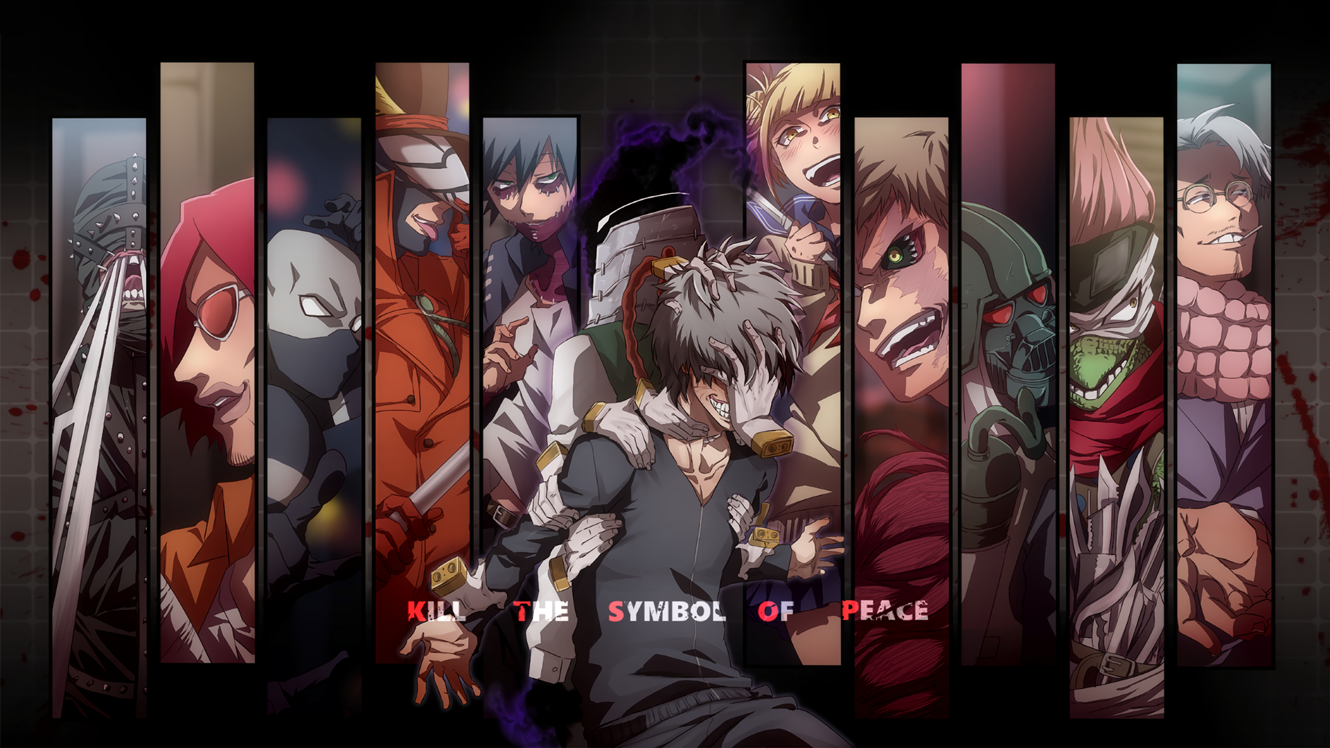 Collage of characters from the anime My Hero Academia, featuring key heroes and villains in dynamic, intense poses with dark, dramatic backgrounds.