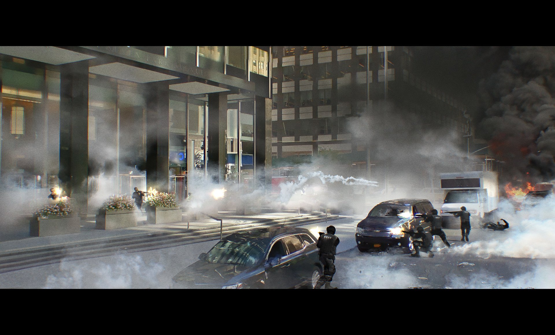 terrorist rifle weapon smoke building car police military soldier Image