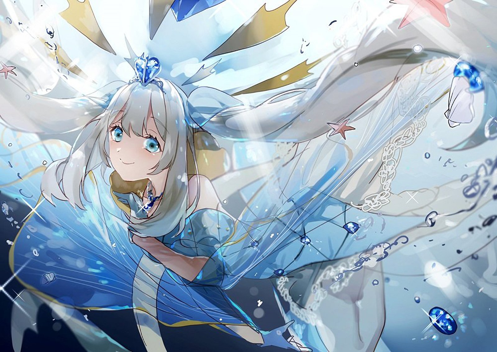 Anime-style illustration of a Fate/Grand Order character with flowing white hair, blue eyes, and an ethereal, water-themed background.