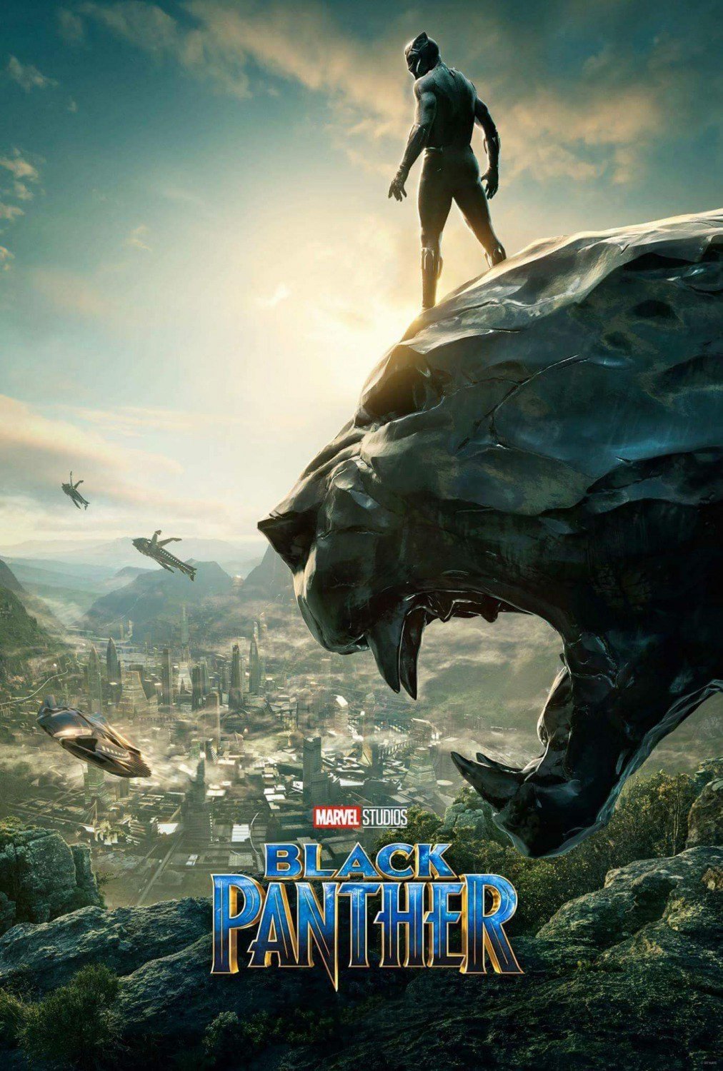 Black Panther from Marvel Comics stands atop a giant panther statue overlooking a futuristic city with flying vehicles and warriors in the sky, under a dramatic sunset.