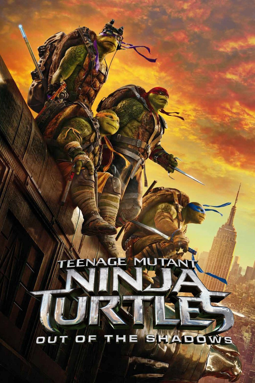Movie poster for Teenage Mutant Ninja Turtles: Out of the Shadows — four Turtles perched on a rooftop with the city skyline and a fiery sunset behind them.