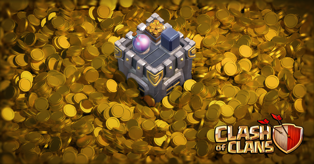 A Clash of Clans storage building surrounded by a large pile of gold coins, representing in-game resources.