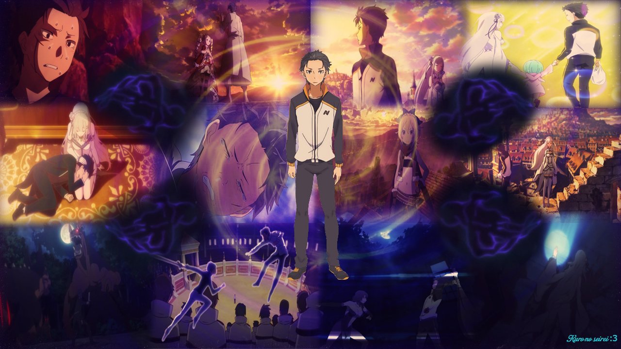 Collage of key moments and characters from the anime Re:Zero - Starting Life in Another World, featuring protagonist Subaru and various emotional scenes.