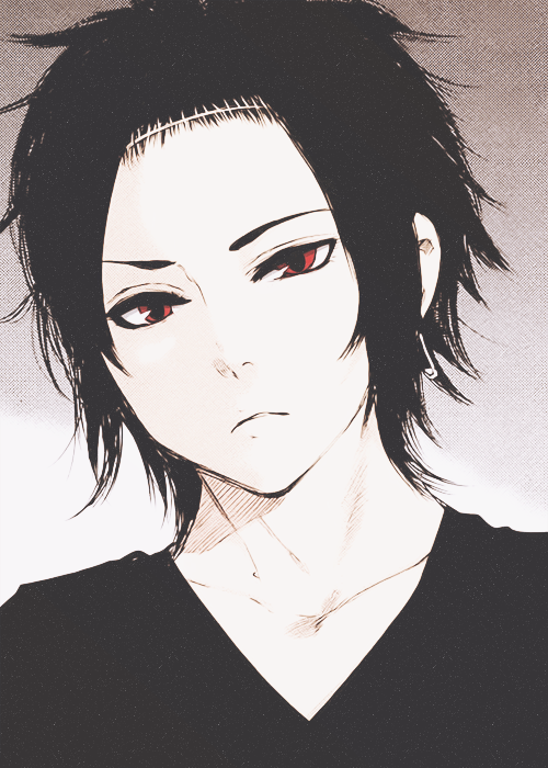 Anime-style close-up of a character from Tokyo Ghoul with black hair, pale skin, and intense red eyes, set against a muted background.
