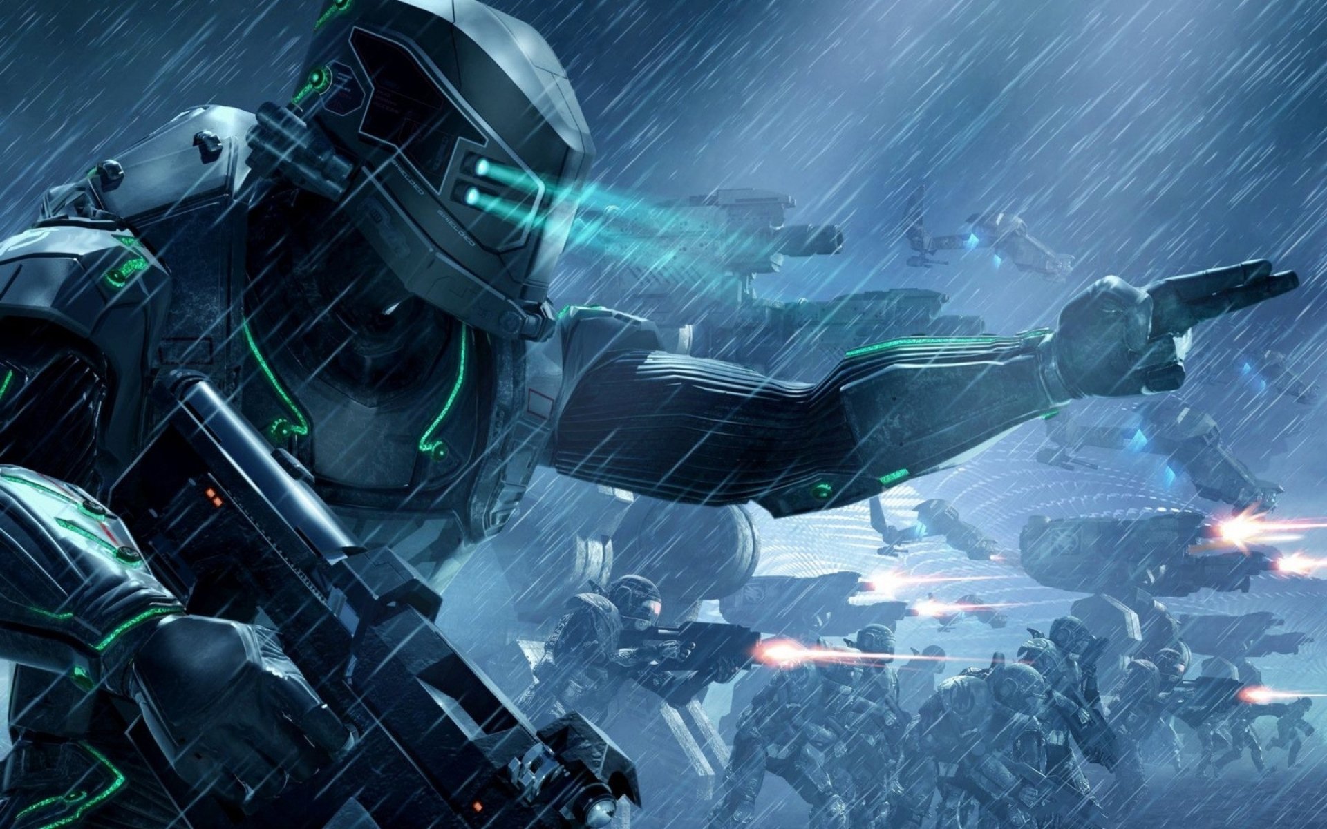A futuristic soldier wields weapons in a rain-soaked battlefield, surrounded by advanced machines in a scene from the video game Command & Conquer: Tiberium Alliances.