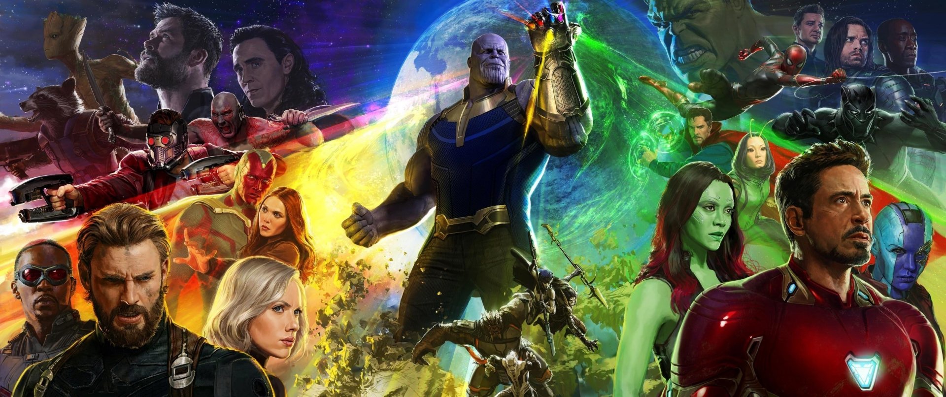 A dynamic collage from Avengers: Infinity War, featuring iconic characters like Thanos, Iron Man, and Captain America, set against a colorful cosmic backdrop.