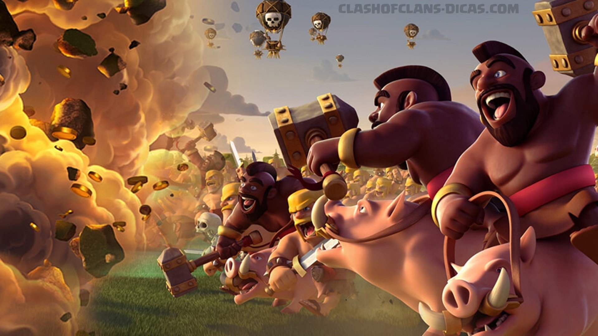 Artwork from the video game Clash of Clans showing characters, including hog riders, charging into battle with explosions and balloons in the background.