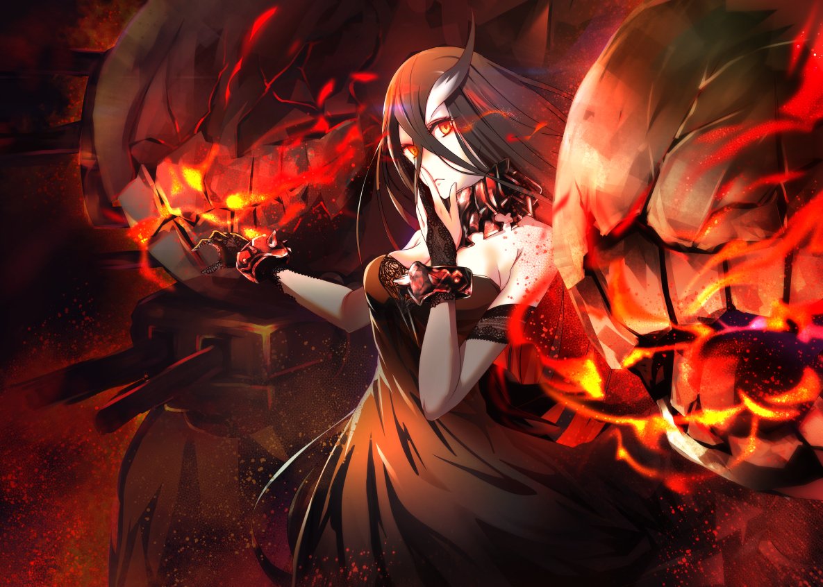 Kantai Collection anime ship‑girl amid roaring fire, wearing a dark dress and massive glowing mechanical gauntlets, embers and flames swirling around her.