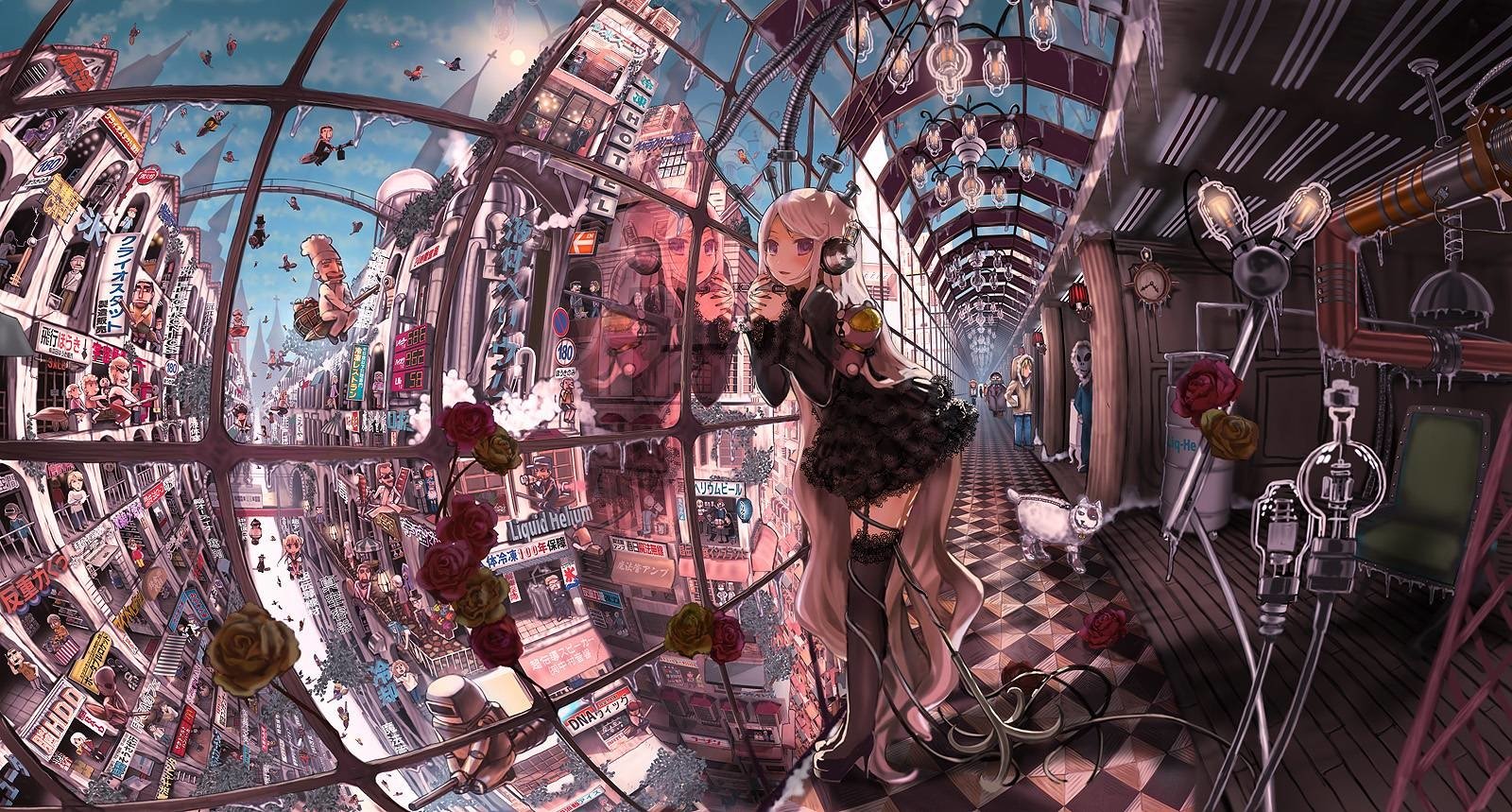 A whimsical anime scene featuring a girl in a black dress, surrounded by a fantastical cityscape filled with roses and intricate details, showcasing original artistry and vibrant colors.