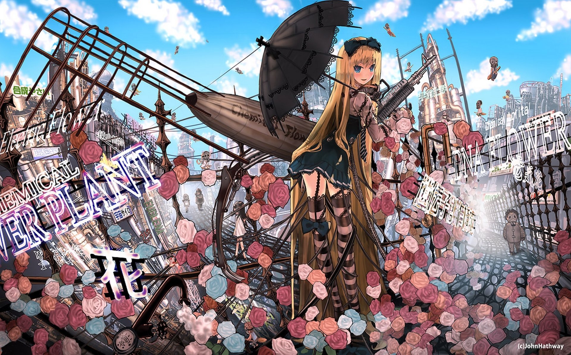 Anime girl in a flying city — standing among floating roses and people, umbrella and airship overhead as the anime city skyline unfolds under a bright sky.
